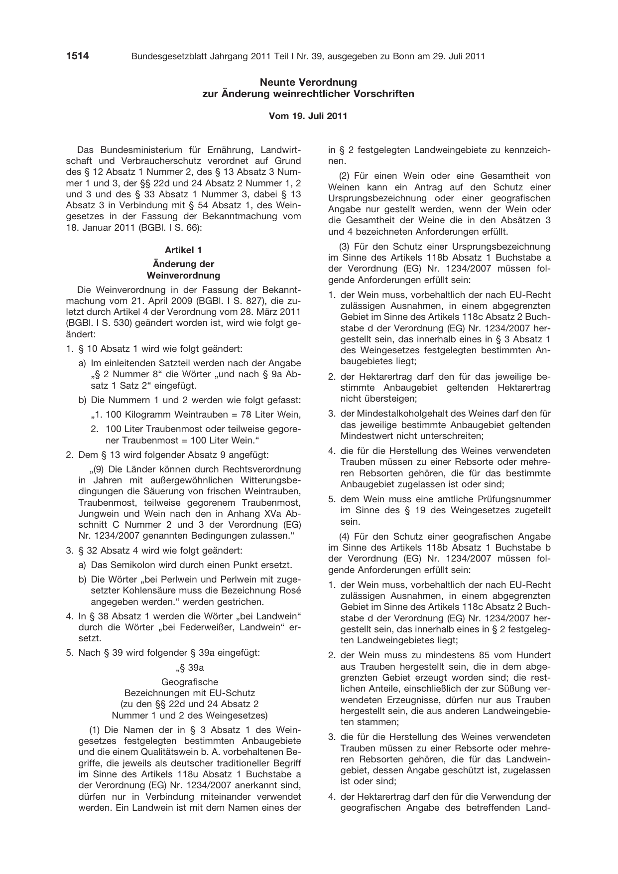 BGBl. 2011, Seite 1514 — Originalseite als Abbildung
