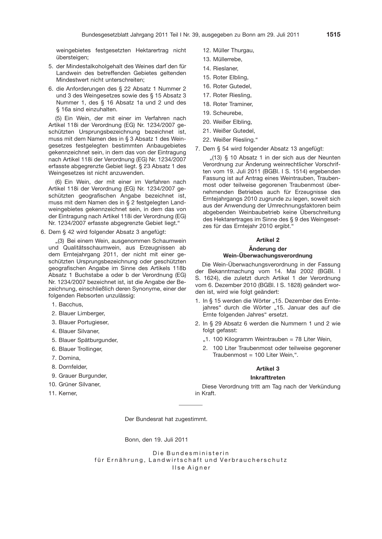 BGBl. 2011, Seite 1515 — Originalseite als Abbildung