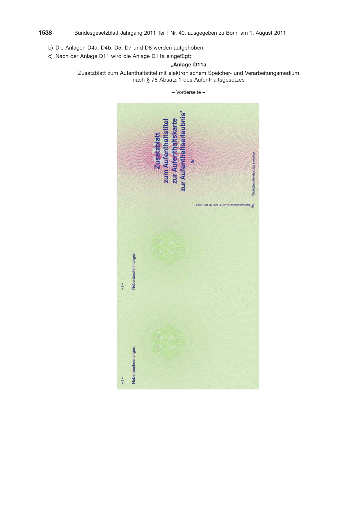 BGBl. 2011, Seite 1538 — Originalseite als Abbildung