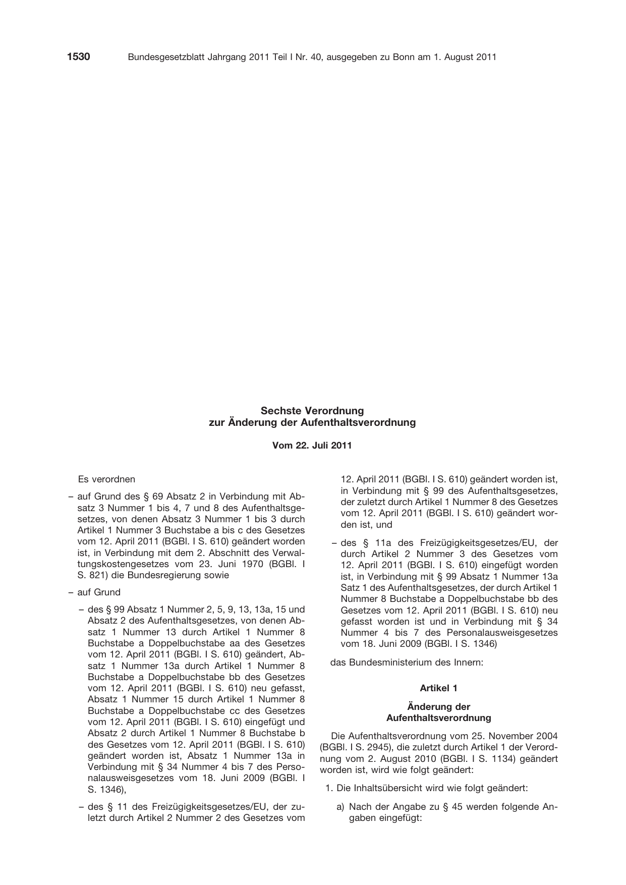 BGBl. 2011, Seite 1530 — Originalseite als Abbildung