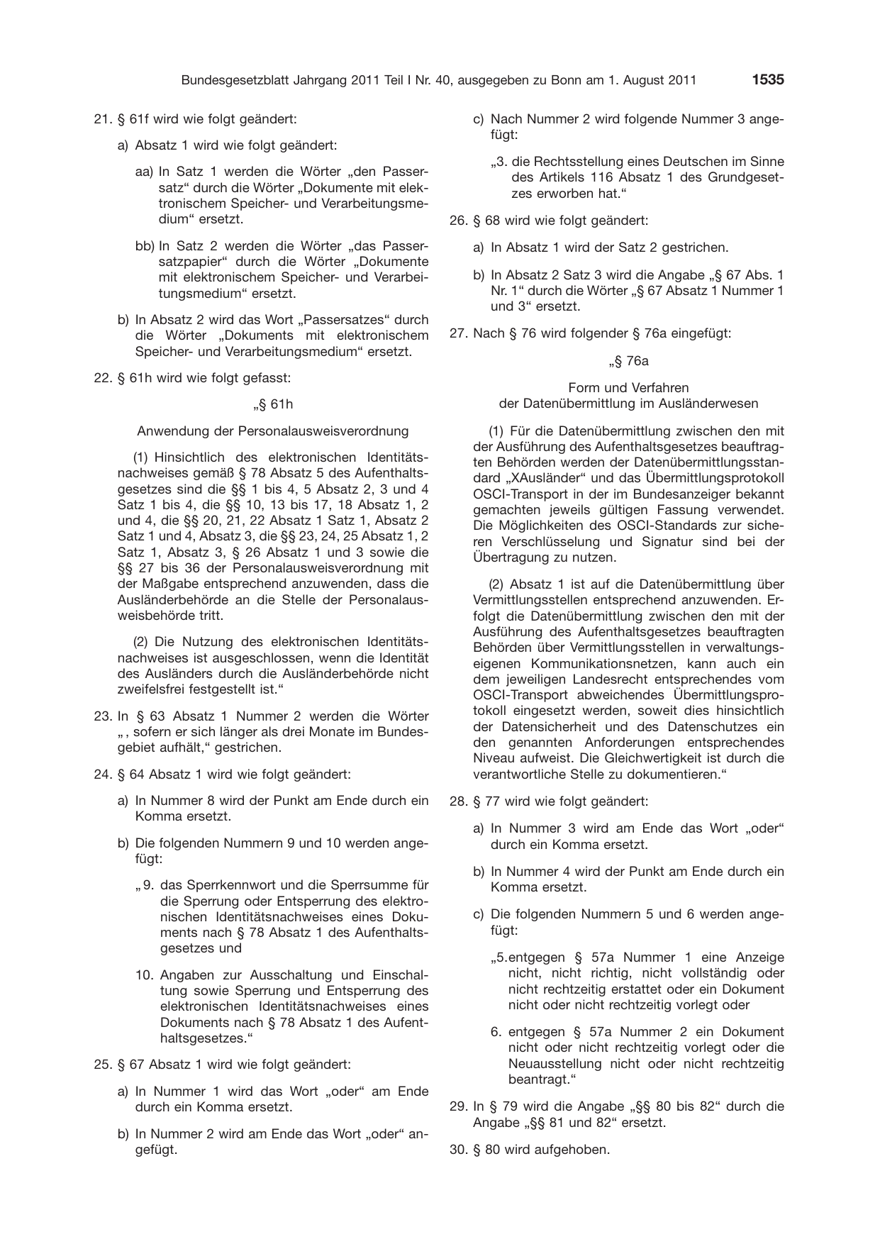 BGBl. 2011, Seite 1535 — Originalseite als Abbildung