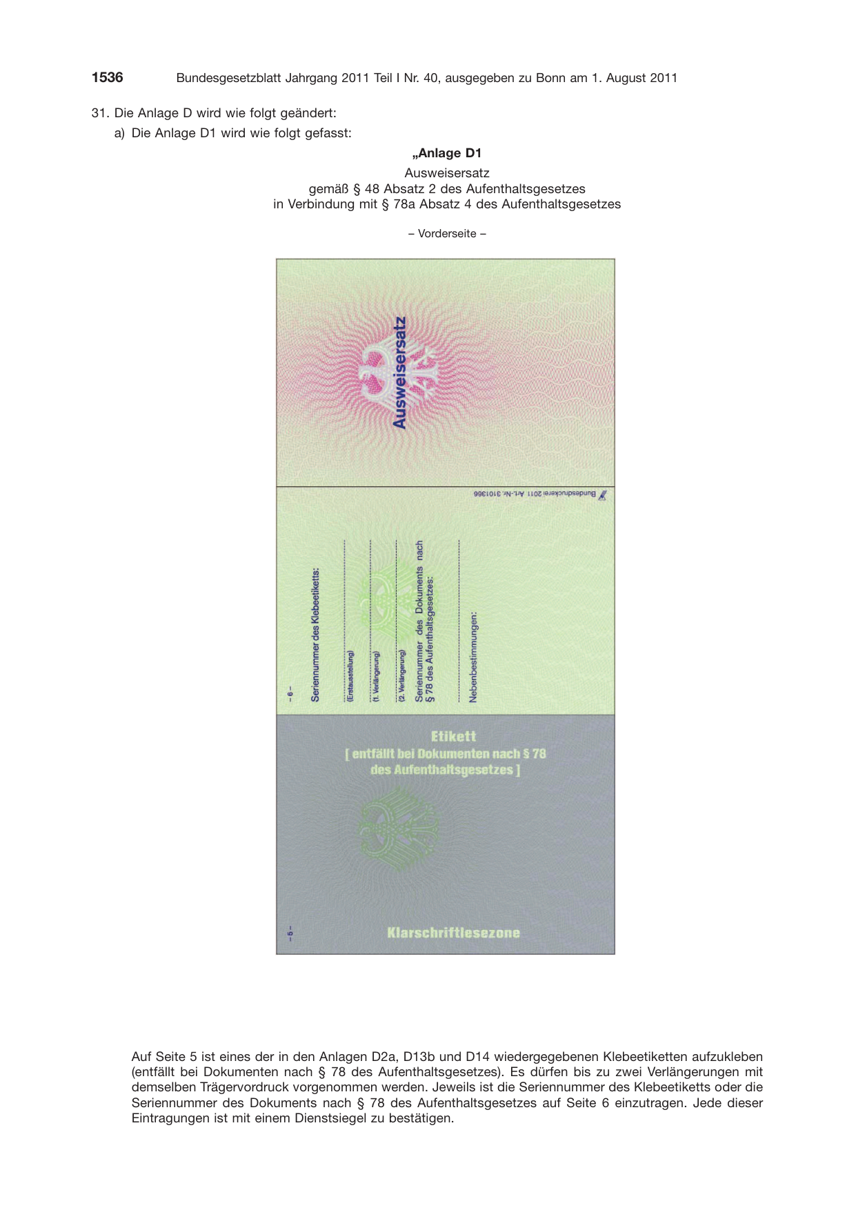 BGBl. 2011, Seite 1536 — Originalseite als Abbildung