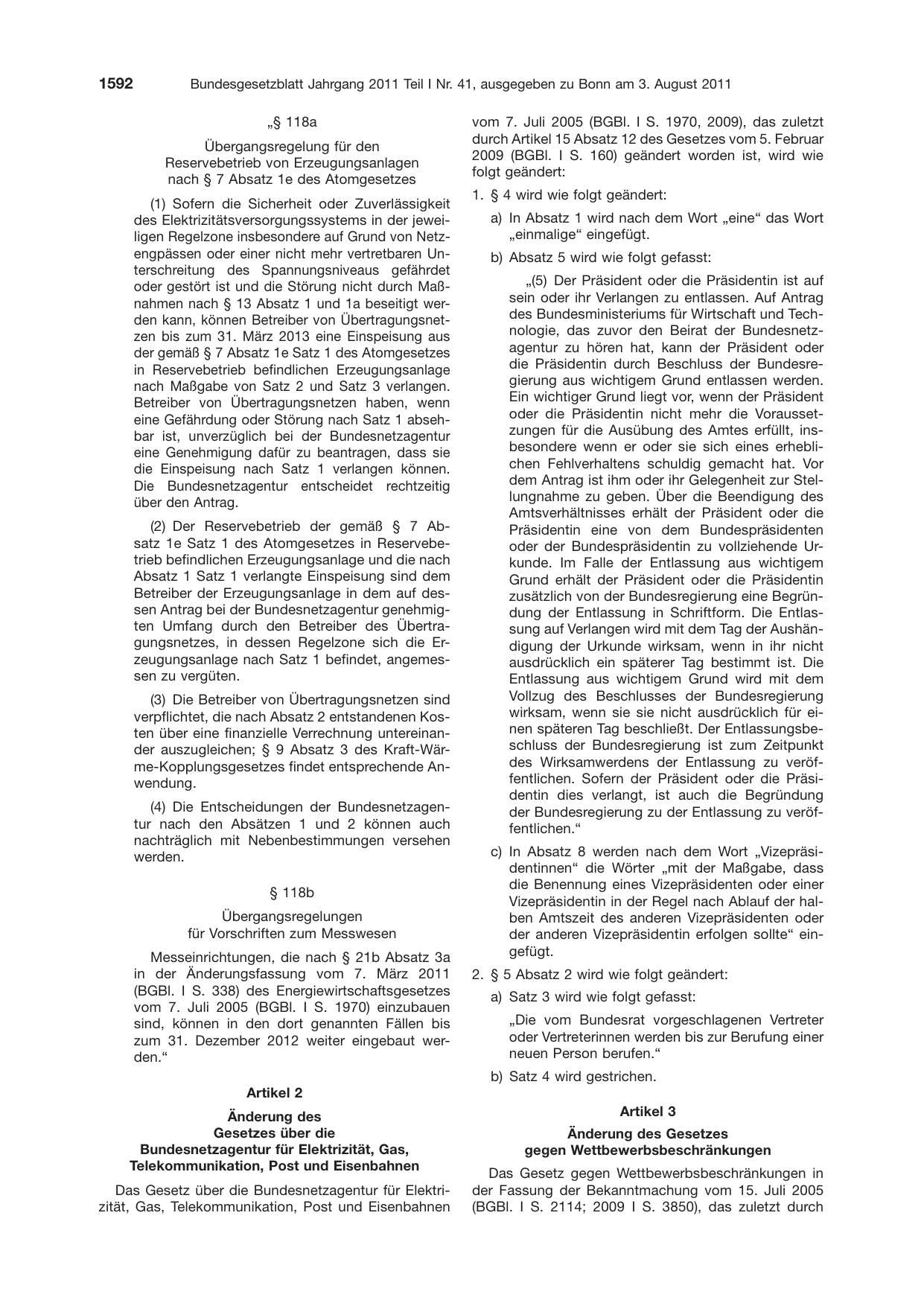 BGBl. 2011, Seite 1592 — Originalseite als Abbildung