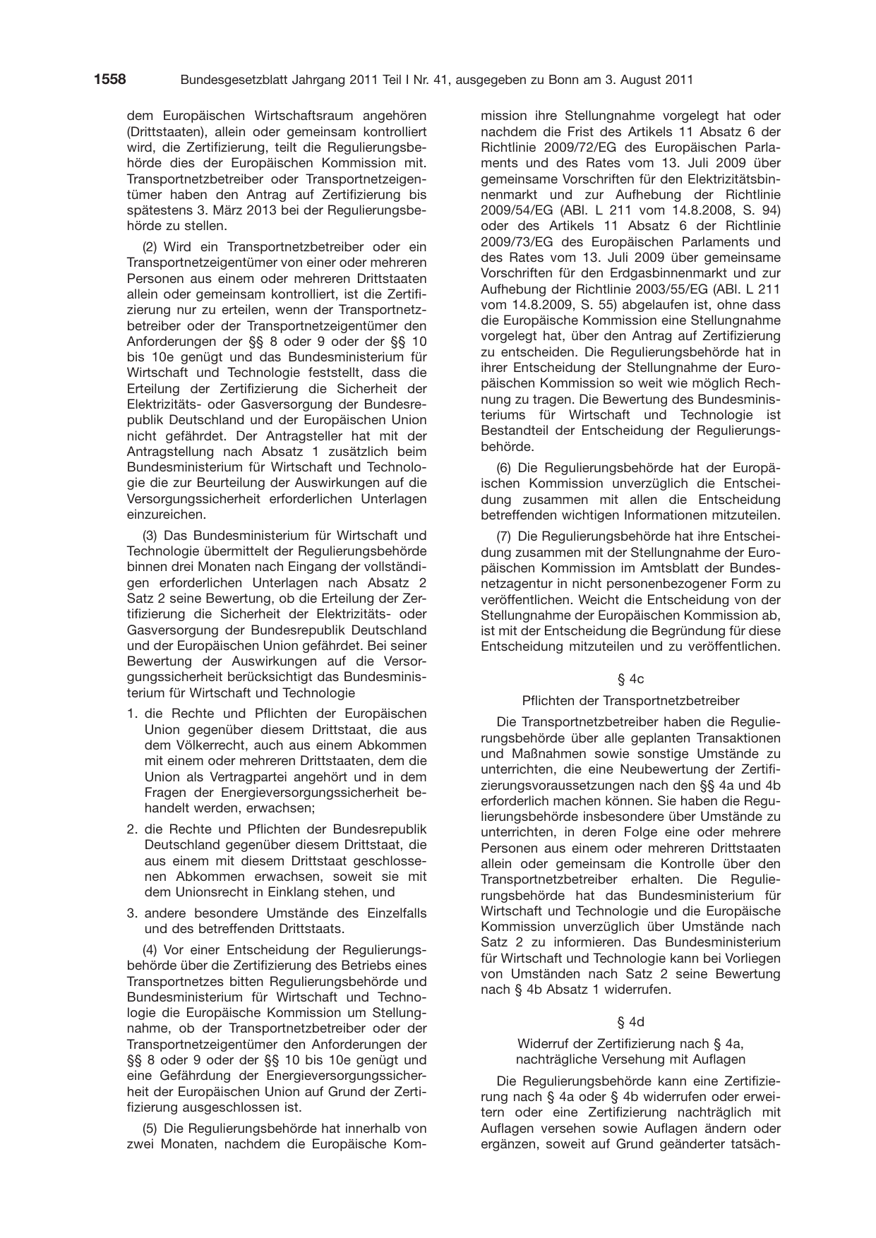 BGBl. 2011, Seite 1558 — Originalseite als Abbildung