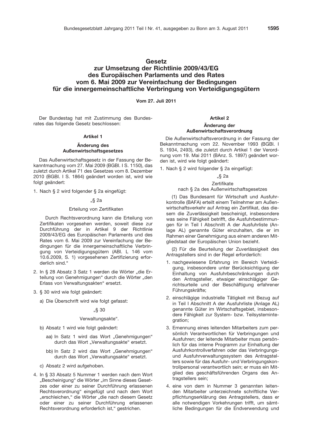 BGBl. 2011, Seite 1595 — Originalseite als Abbildung
