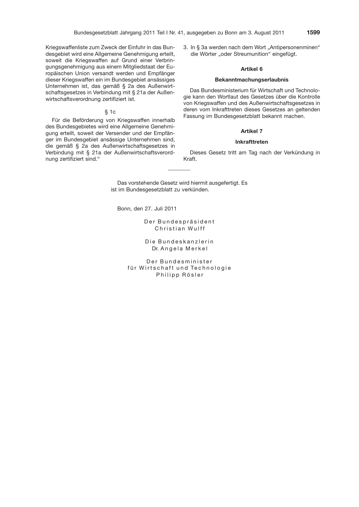 BGBl. 2011, Seite 1599 — Originalseite als Abbildung