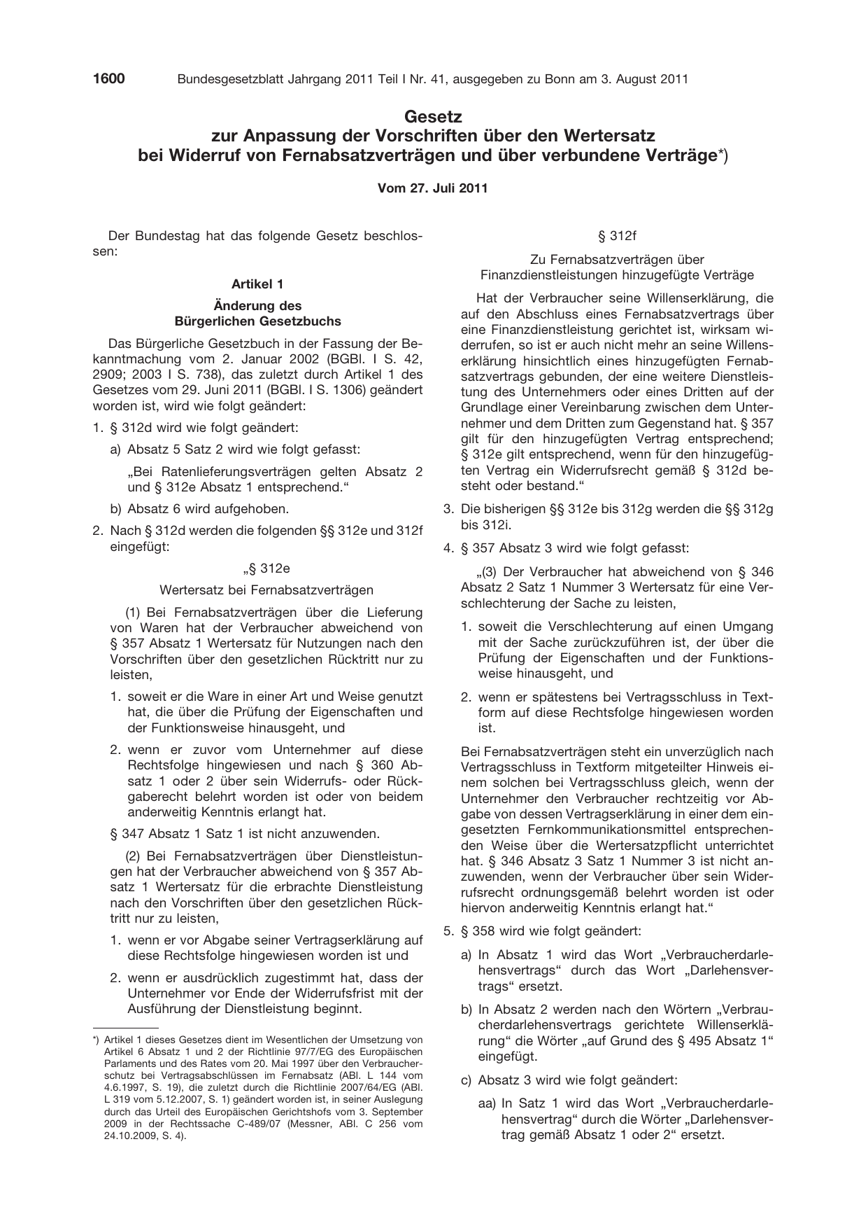 BGBl. 2011, Seite 1600 — Originalseite als Abbildung