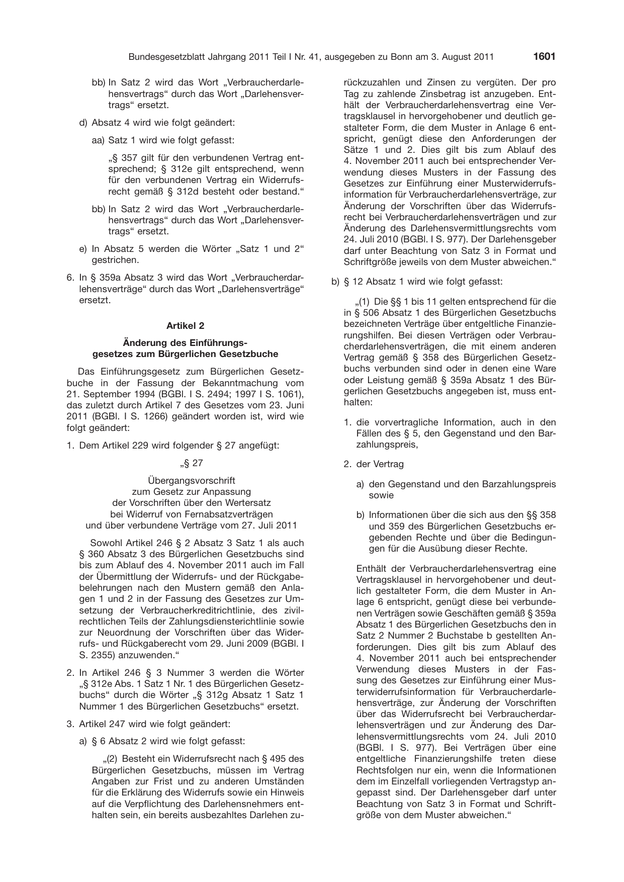 BGBl. 2011, Seite 1601 — Originalseite als Abbildung