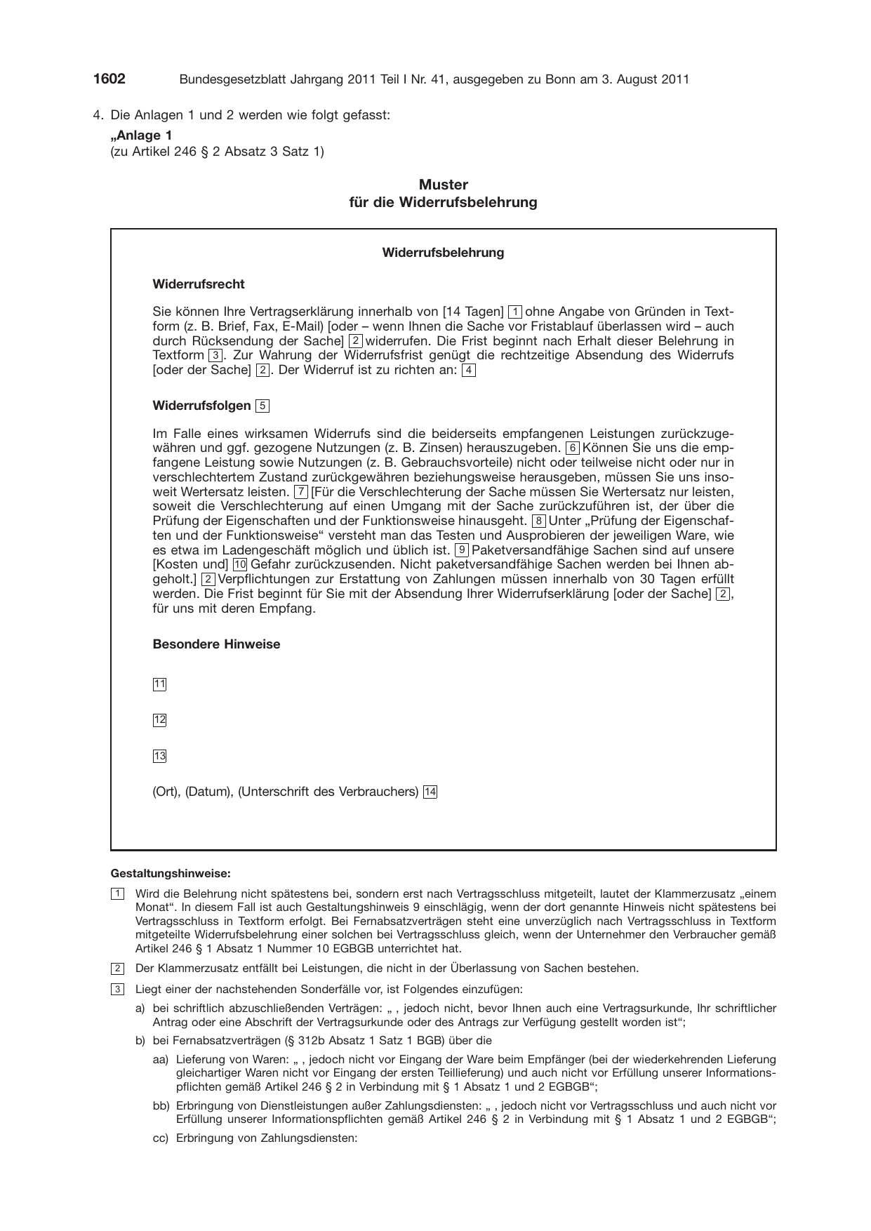 BGBl. 2011, Seite 1602 — Originalseite als Abbildung