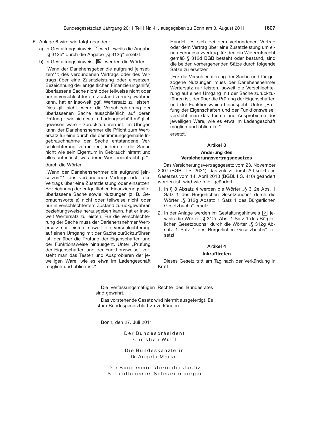 BGBl. 2011, Seite 1607 — Originalseite als Abbildung