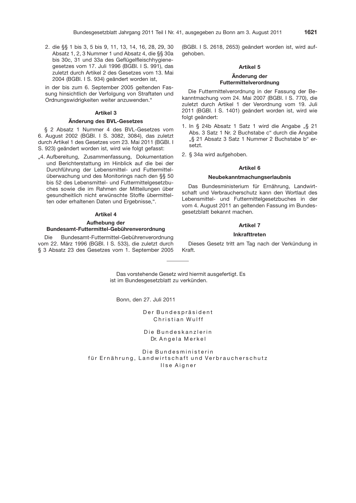 BGBl. 2011, Seite 1621 — Originalseite als Abbildung