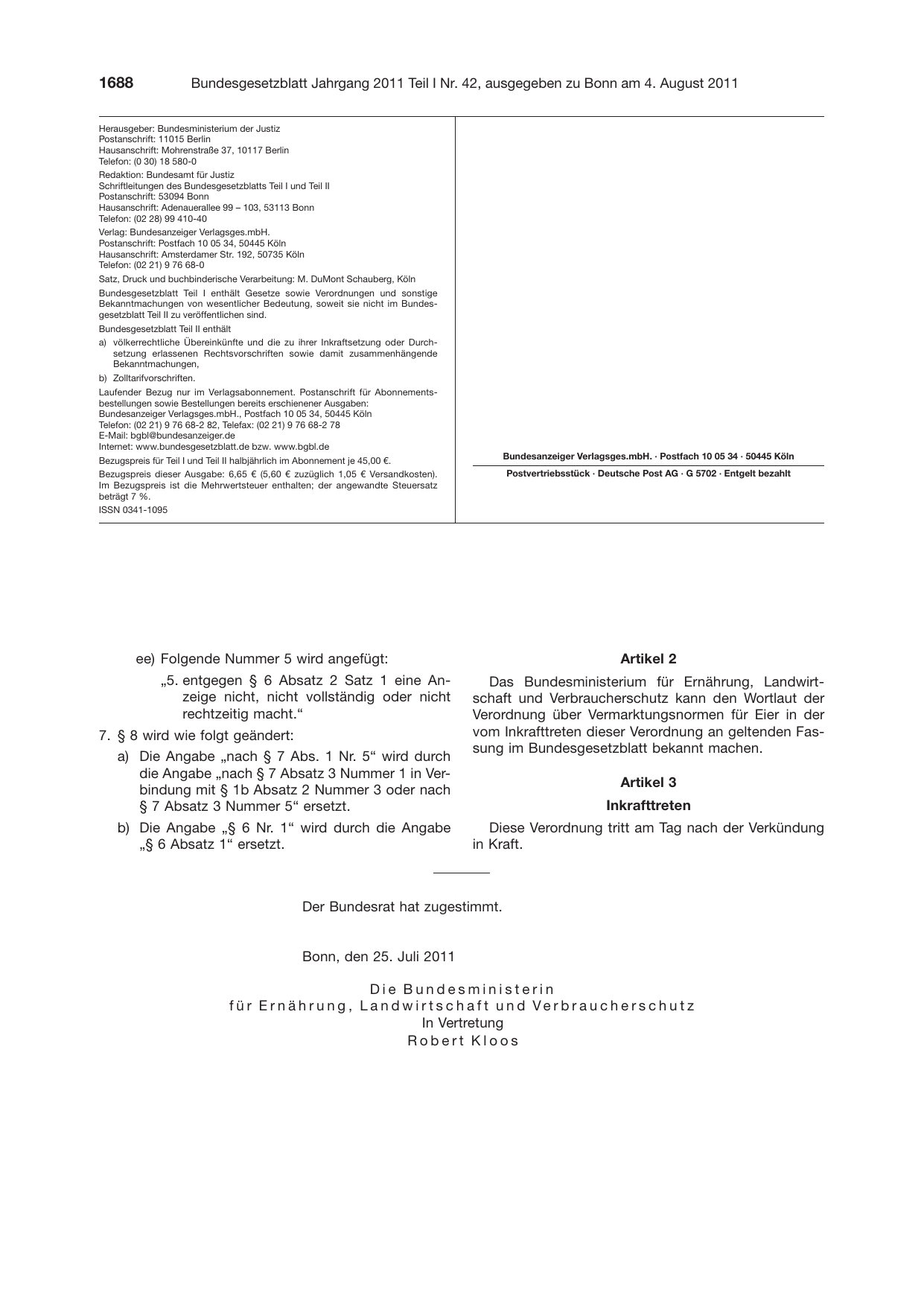 BGBl. 2011, Seite 1688 — Originalseite als Abbildung
