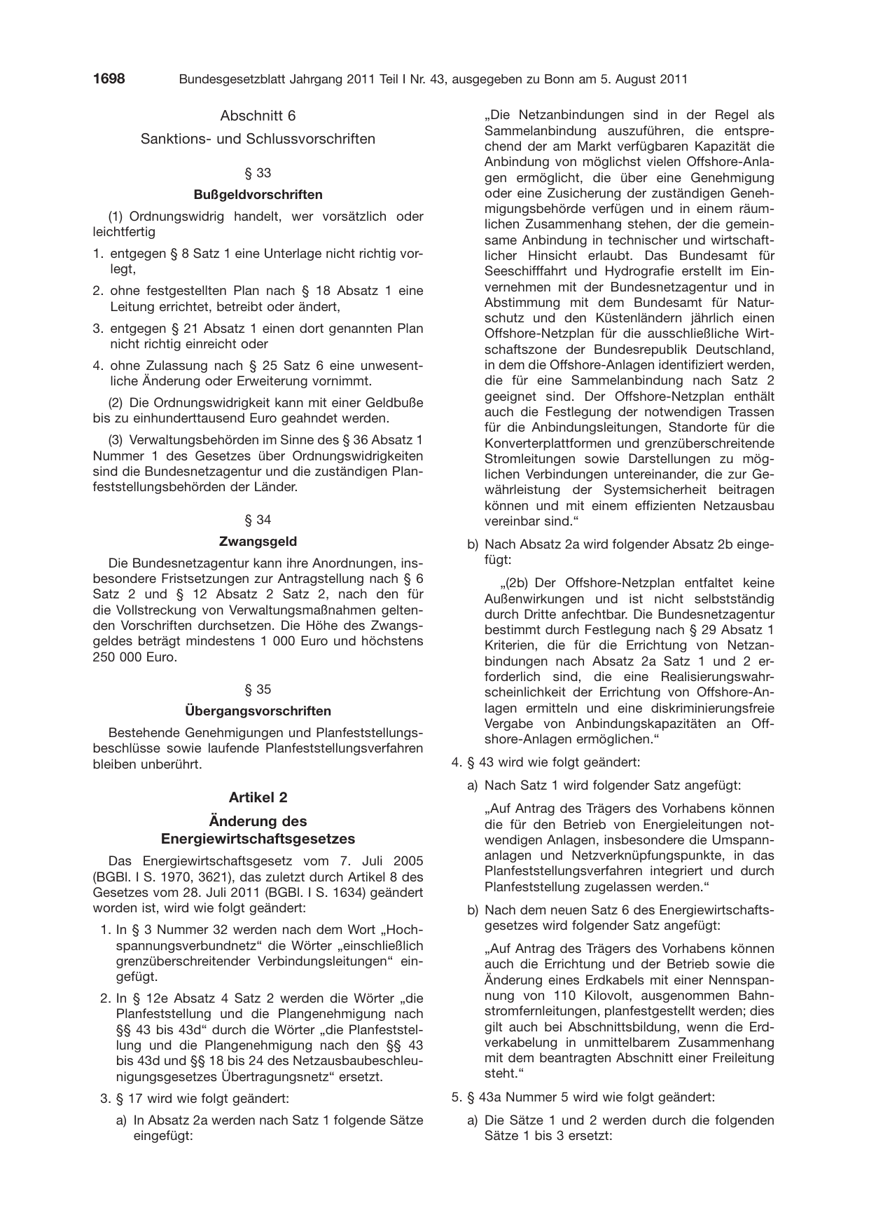 BGBl. 2011, Seite 1698 — Originalseite als Abbildung