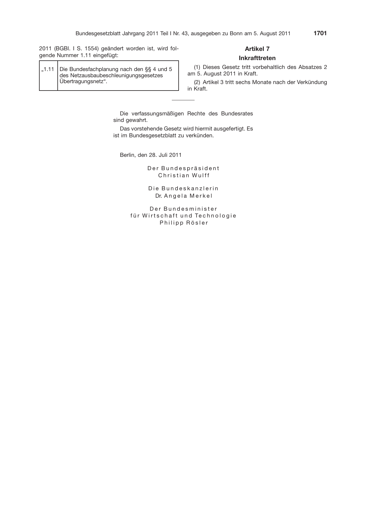 BGBl. 2011, Seite 1701 — Originalseite als Abbildung