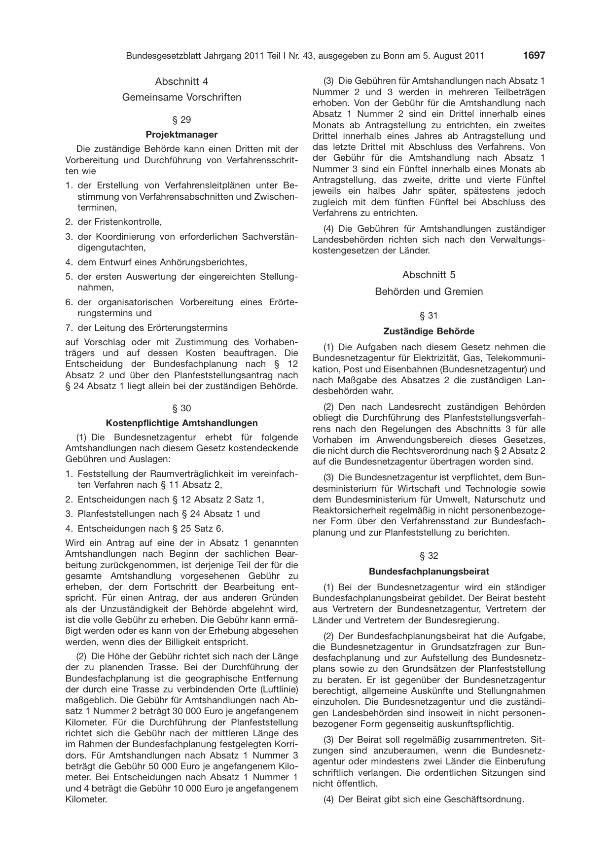 BGBl. 2011, Seite 1697 — Originalseite als Abbildung