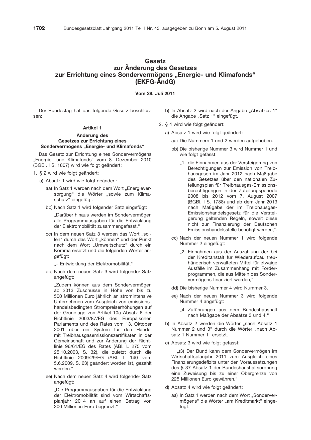 BGBl. 2011, Seite 1702 — Originalseite als Abbildung