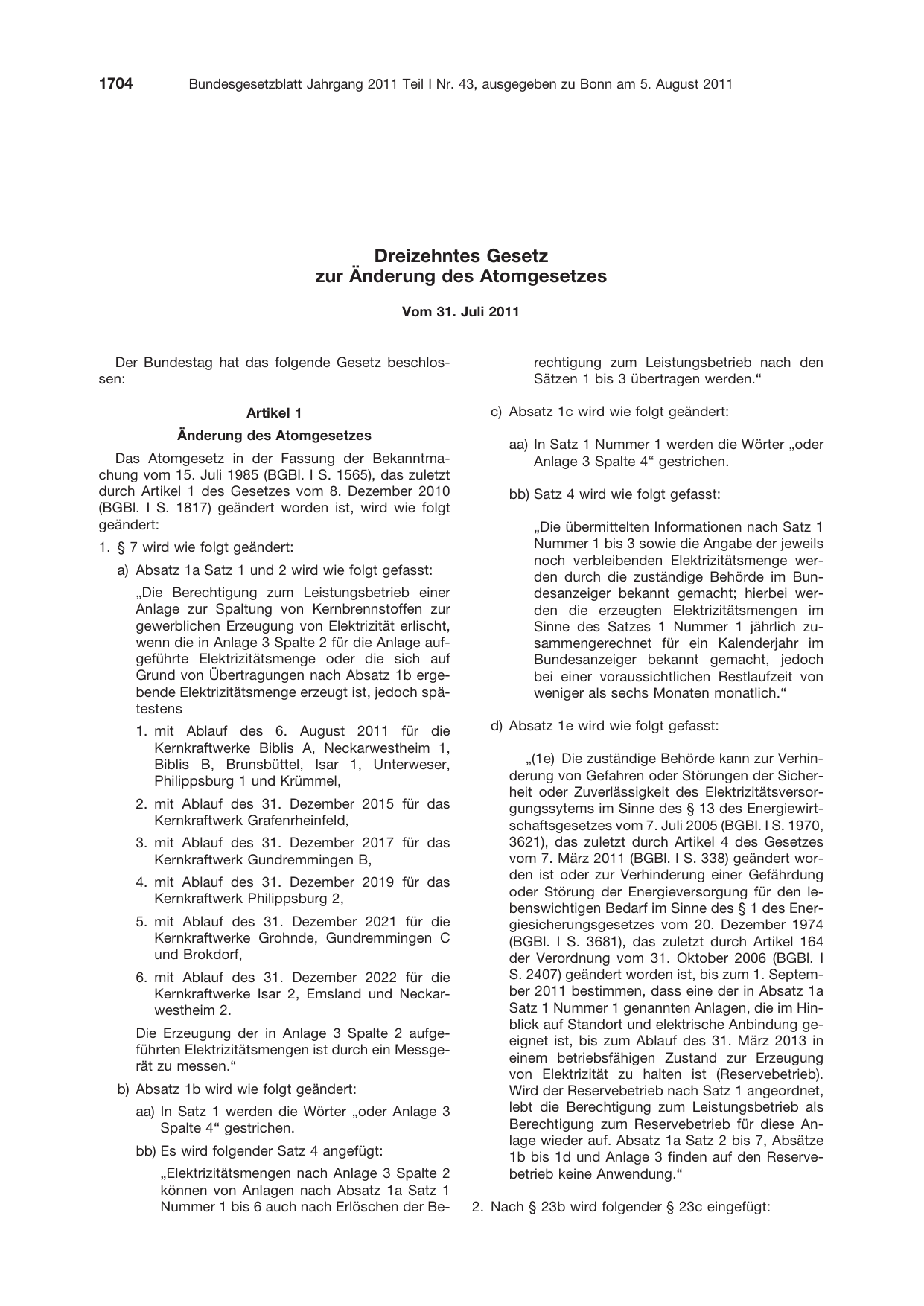 BGBl. 2011, Seite 1704 — Originalseite als Abbildung