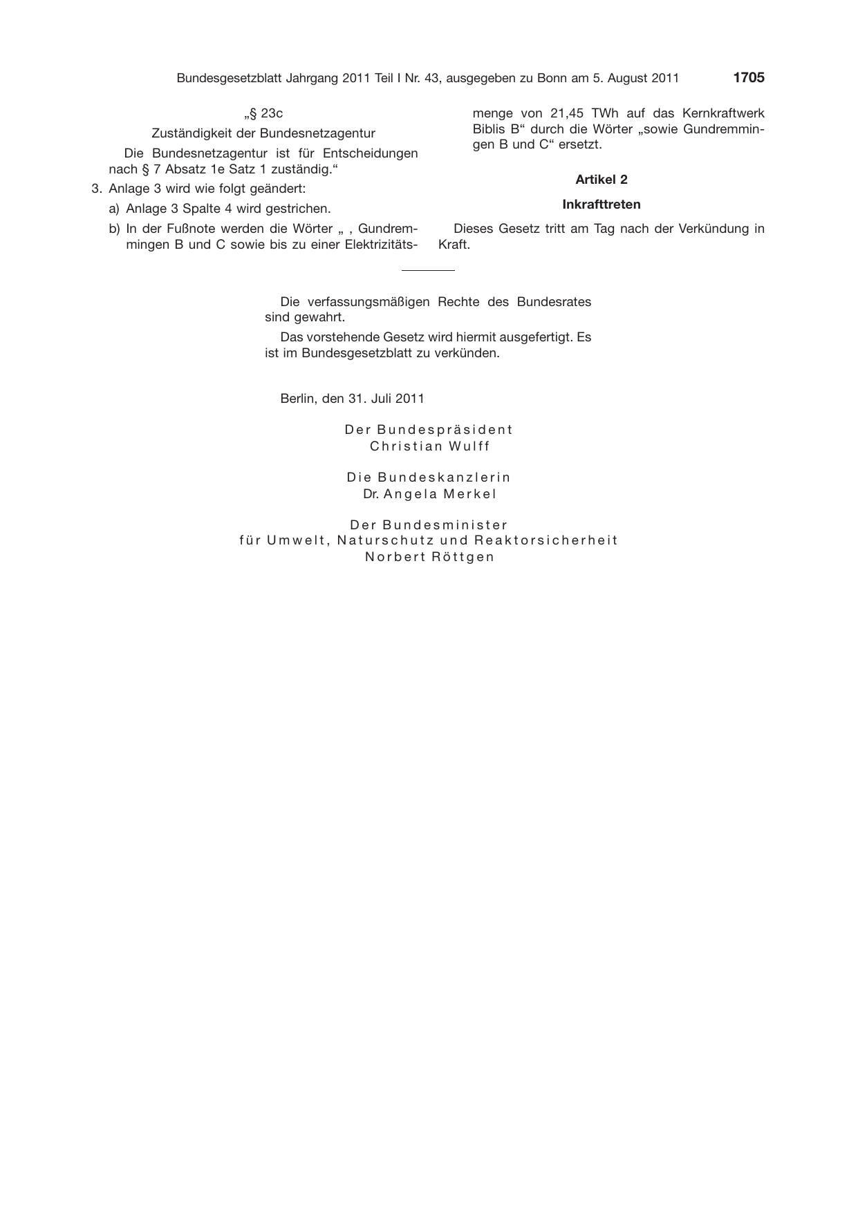 BGBl. 2011, Seite 1705 — Originalseite als Abbildung