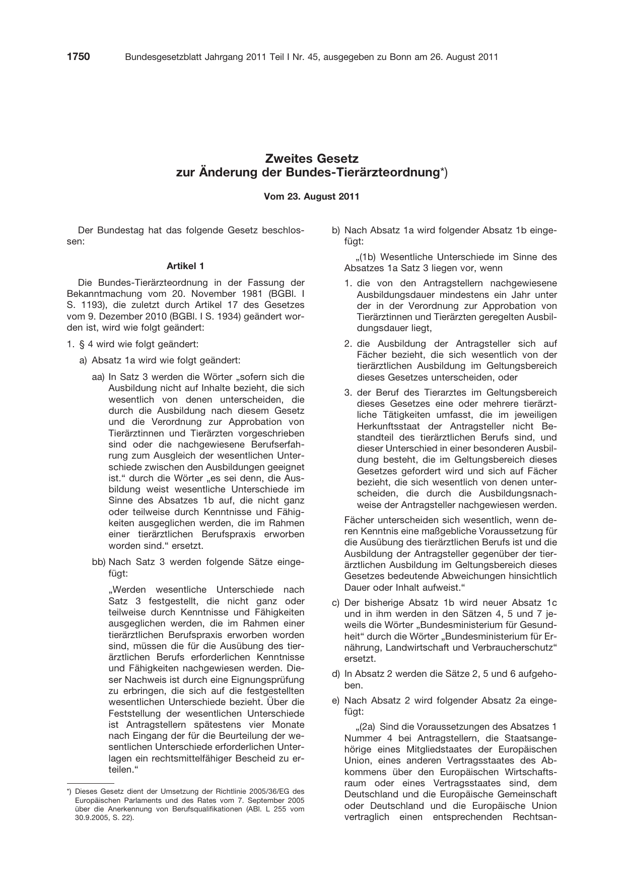 BGBl. 2011, Seite 1750 — Originalseite als Abbildung