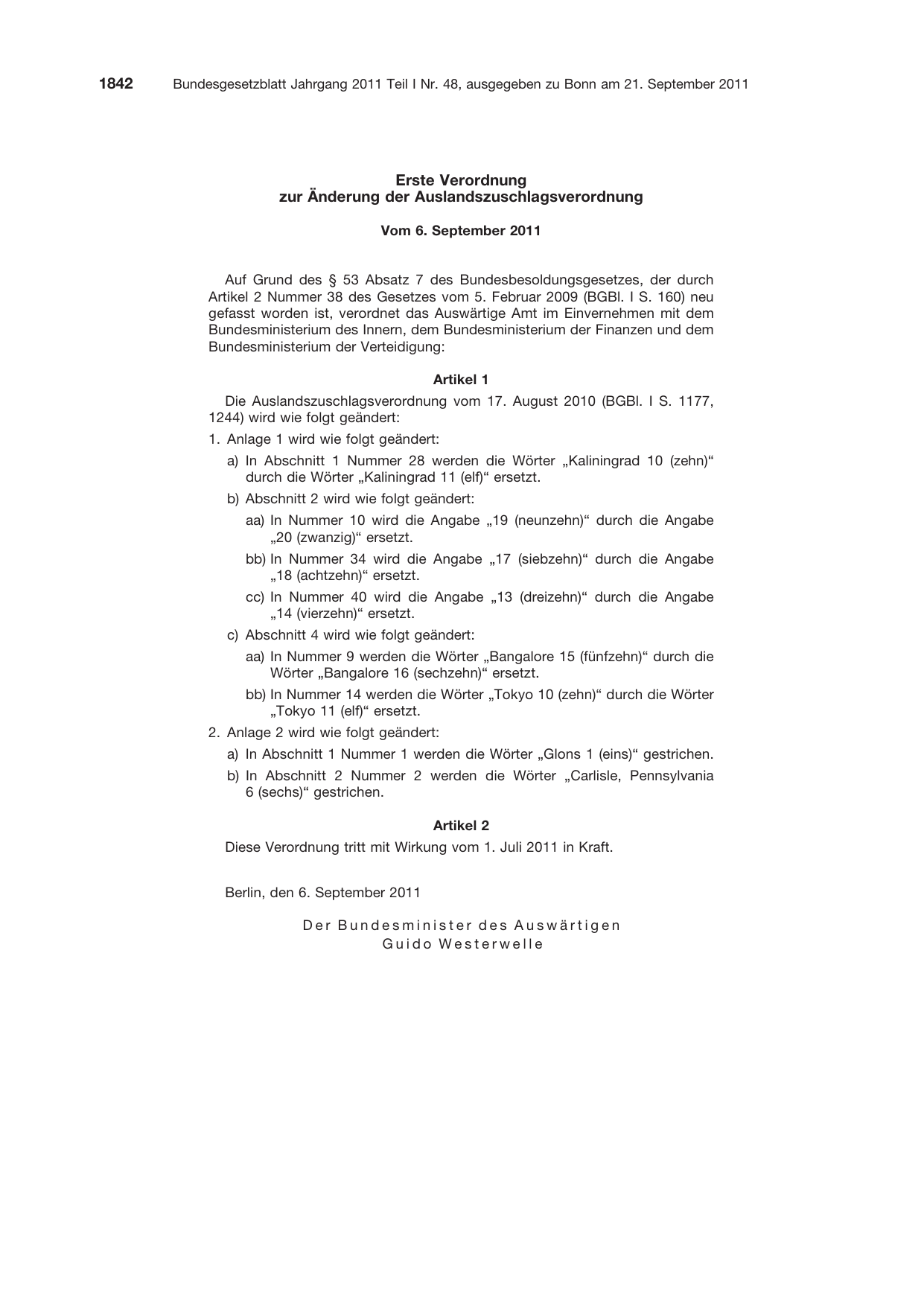 BGBl. 2011, Seite 1842 — Originalseite als Abbildung
