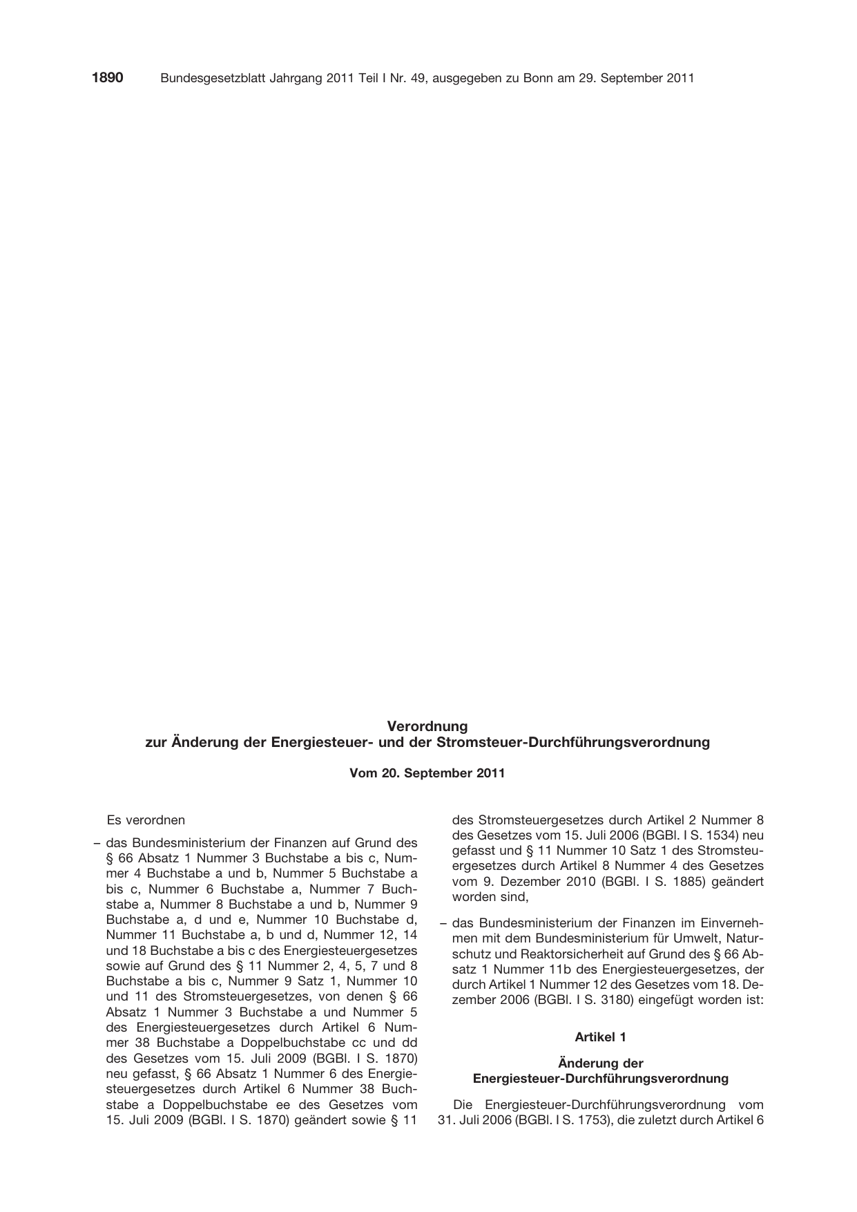 BGBl. 2011, Seite 1890 — Originalseite als Abbildung