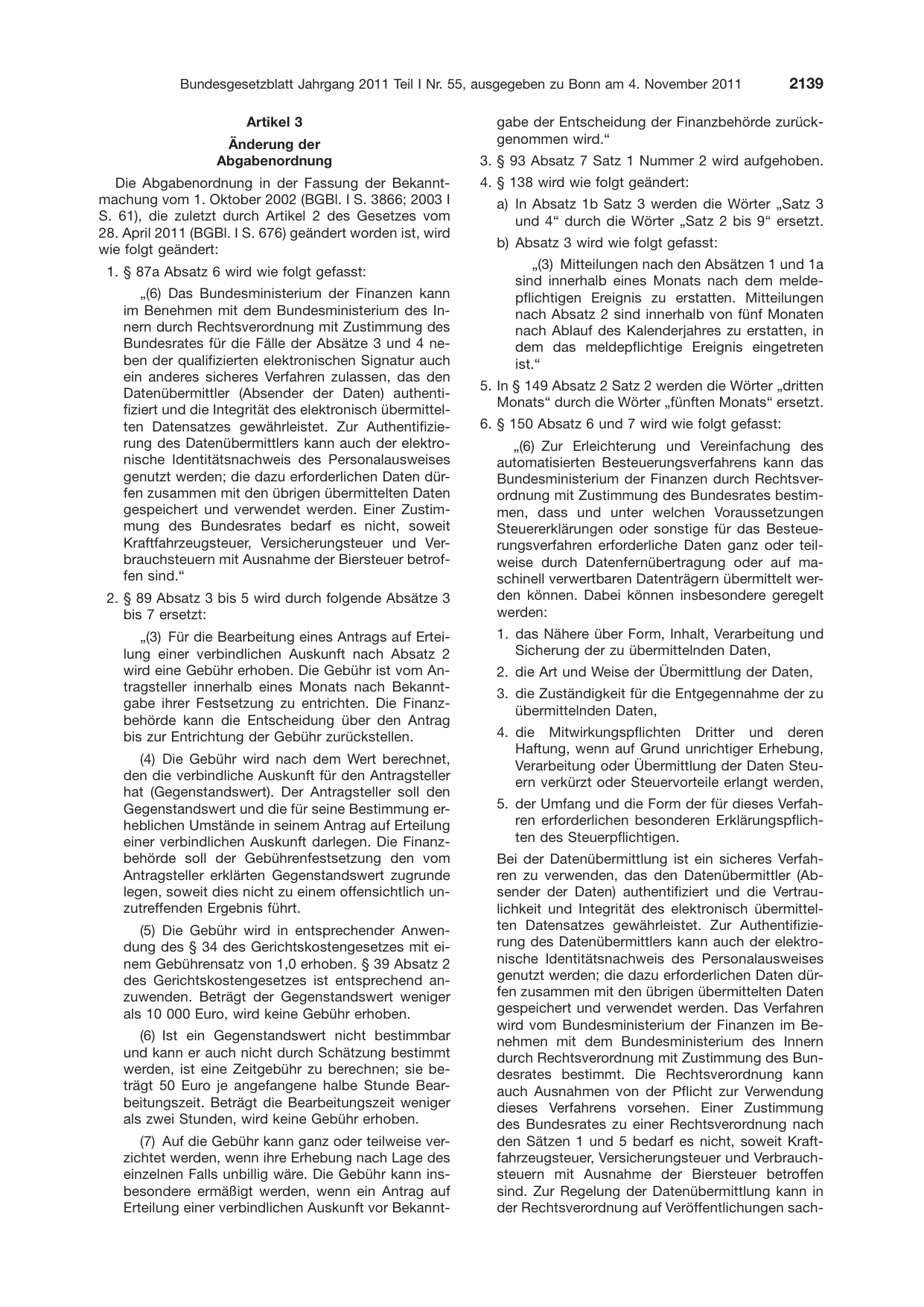 BGBl. 2011, Seite 2139 — Originalseite als Abbildung