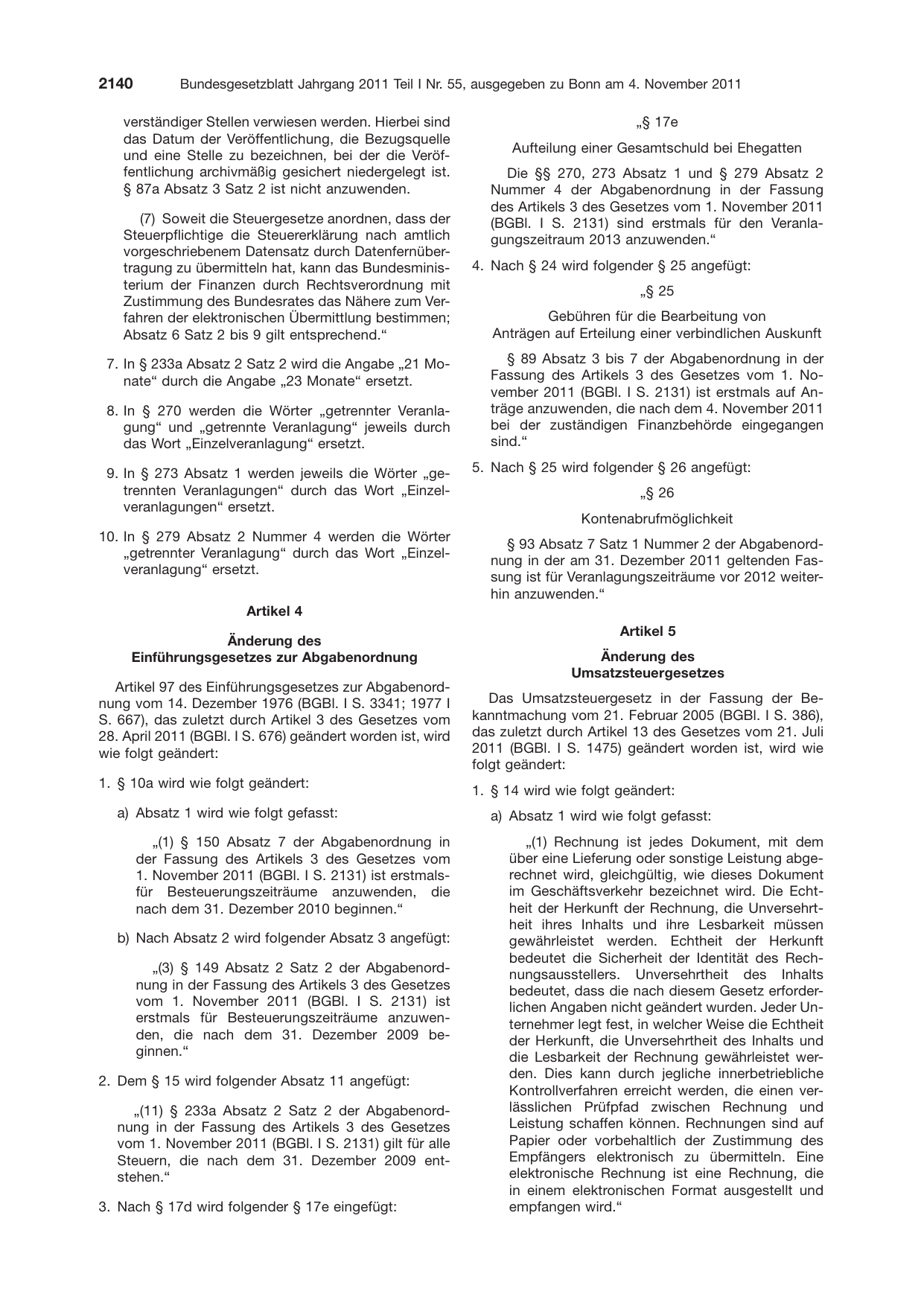 BGBl. 2011, Seite 2140 — Originalseite als Abbildung