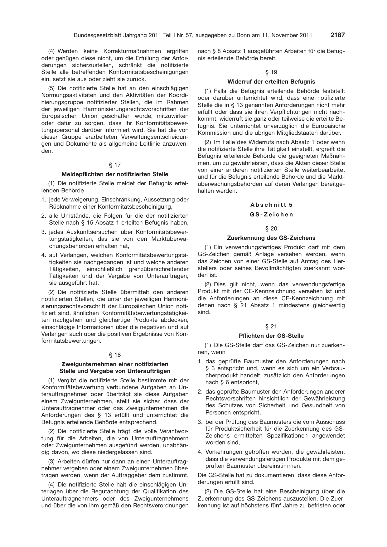 BGBl. 2011, Seite 2187 — Originalseite als Abbildung