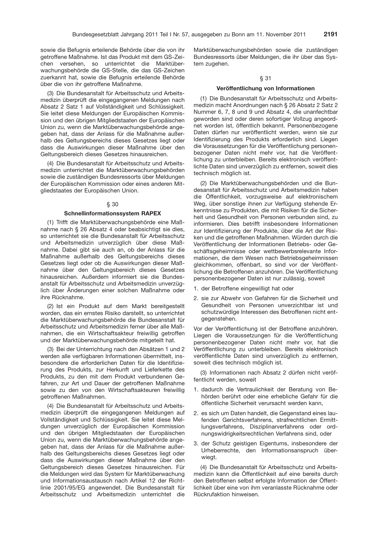 BGBl. 2011, Seite 2191 — Originalseite als Abbildung