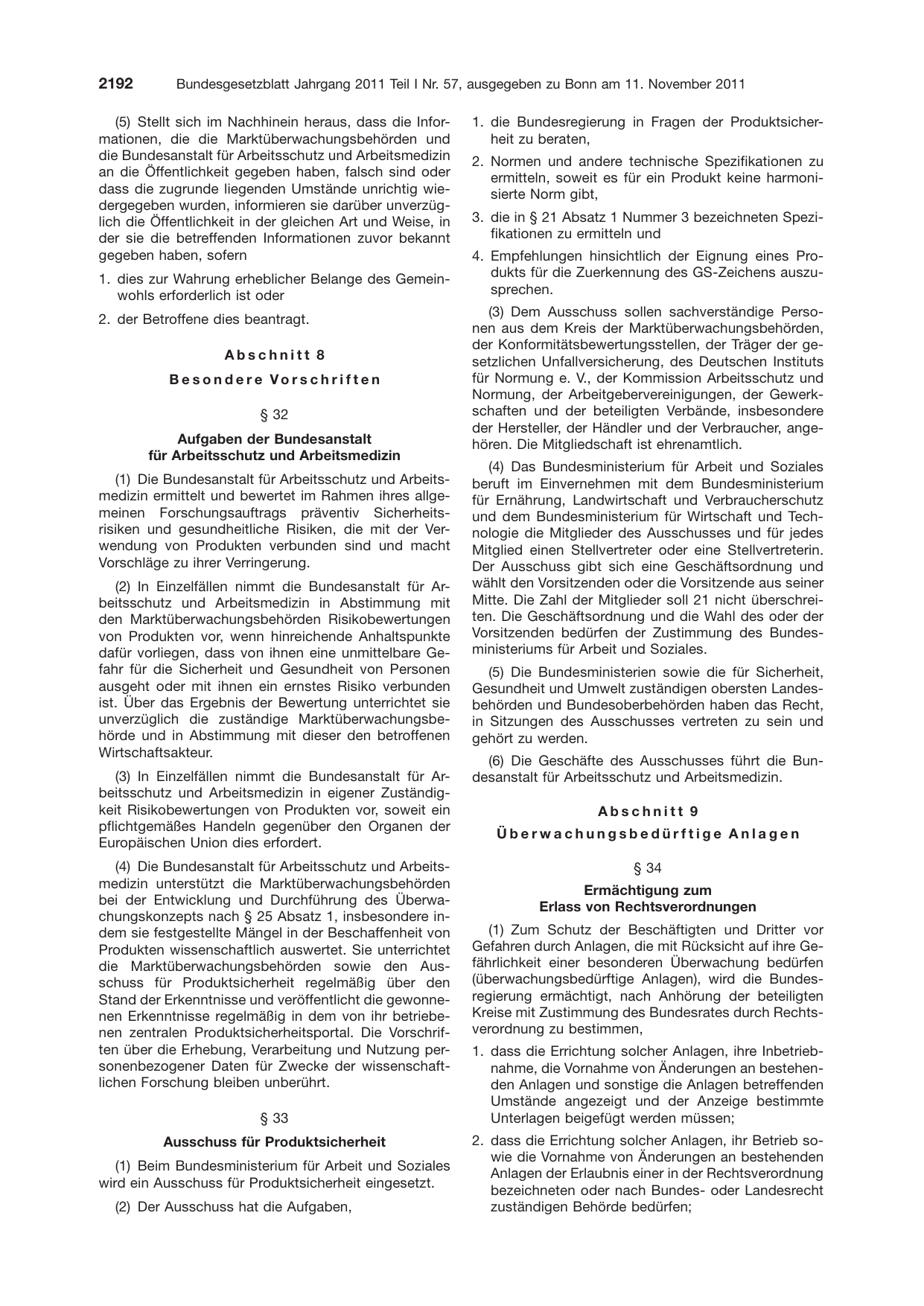 BGBl. 2011, Seite 2192 — Originalseite als Abbildung