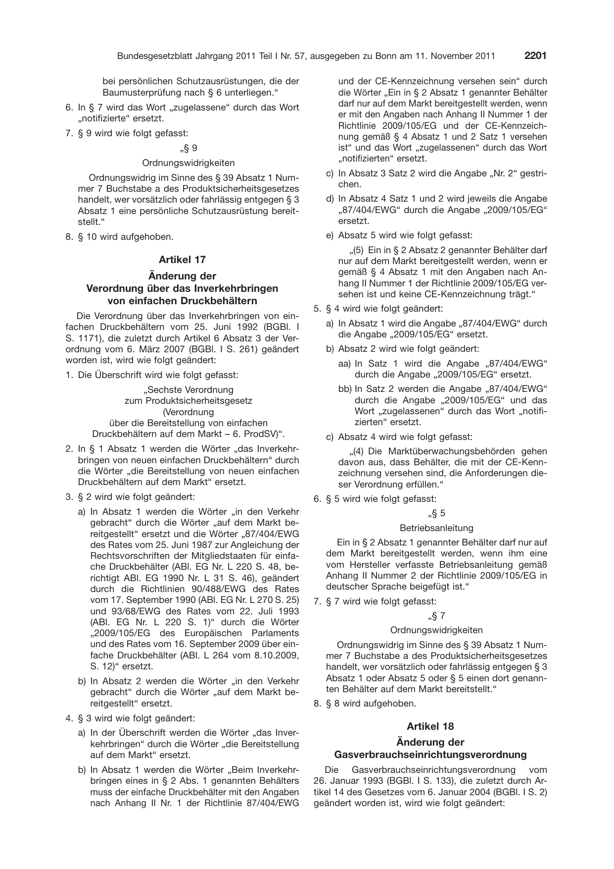 BGBl. 2011, Seite 2201 — Originalseite als Abbildung