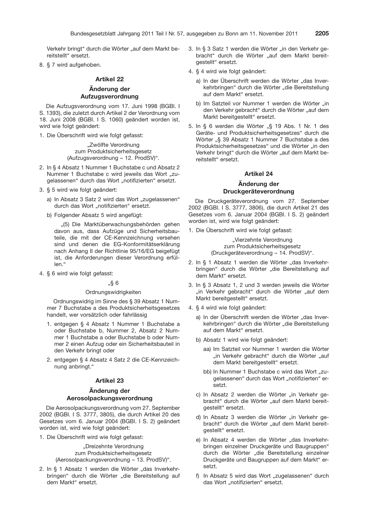 BGBl. 2011, Seite 2205 — Originalseite als Abbildung