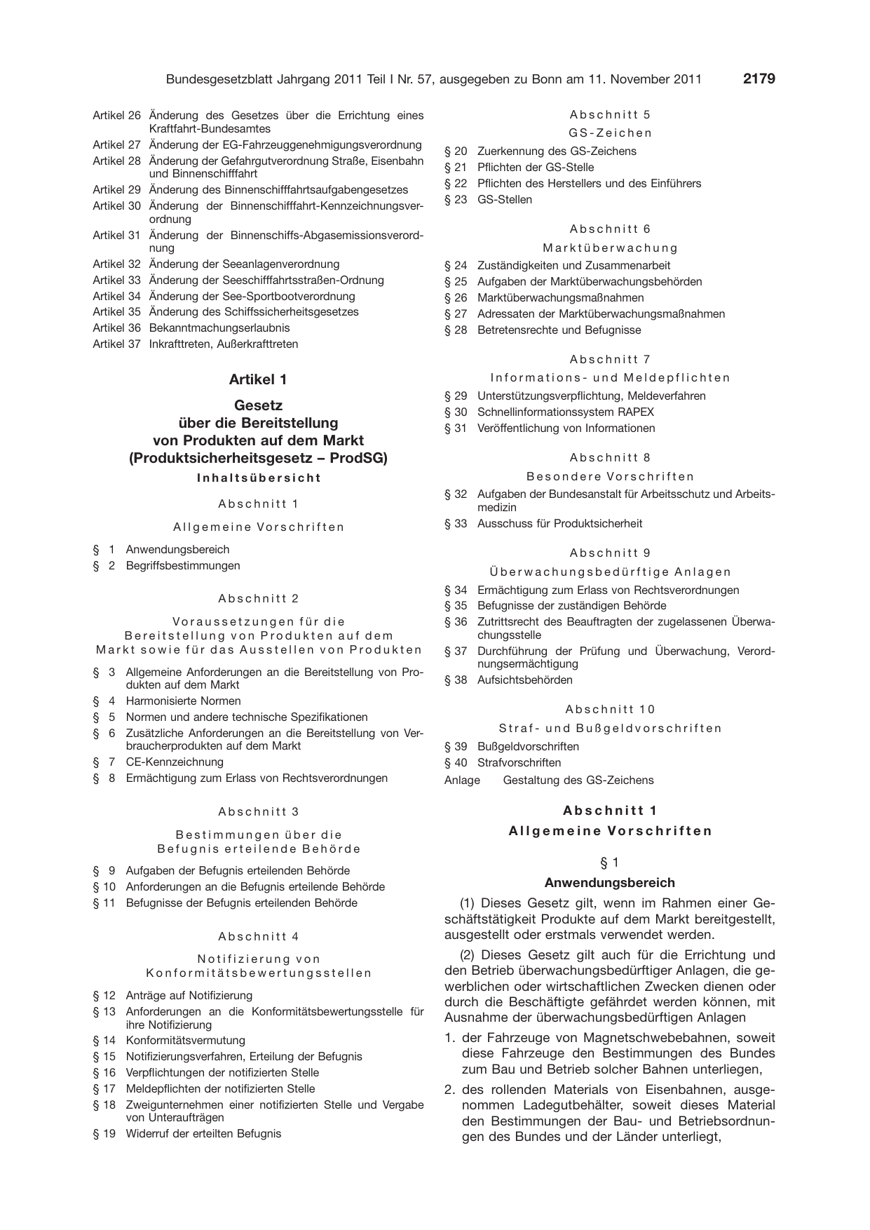 BGBl. 2011, Seite 2179 — Originalseite als Abbildung