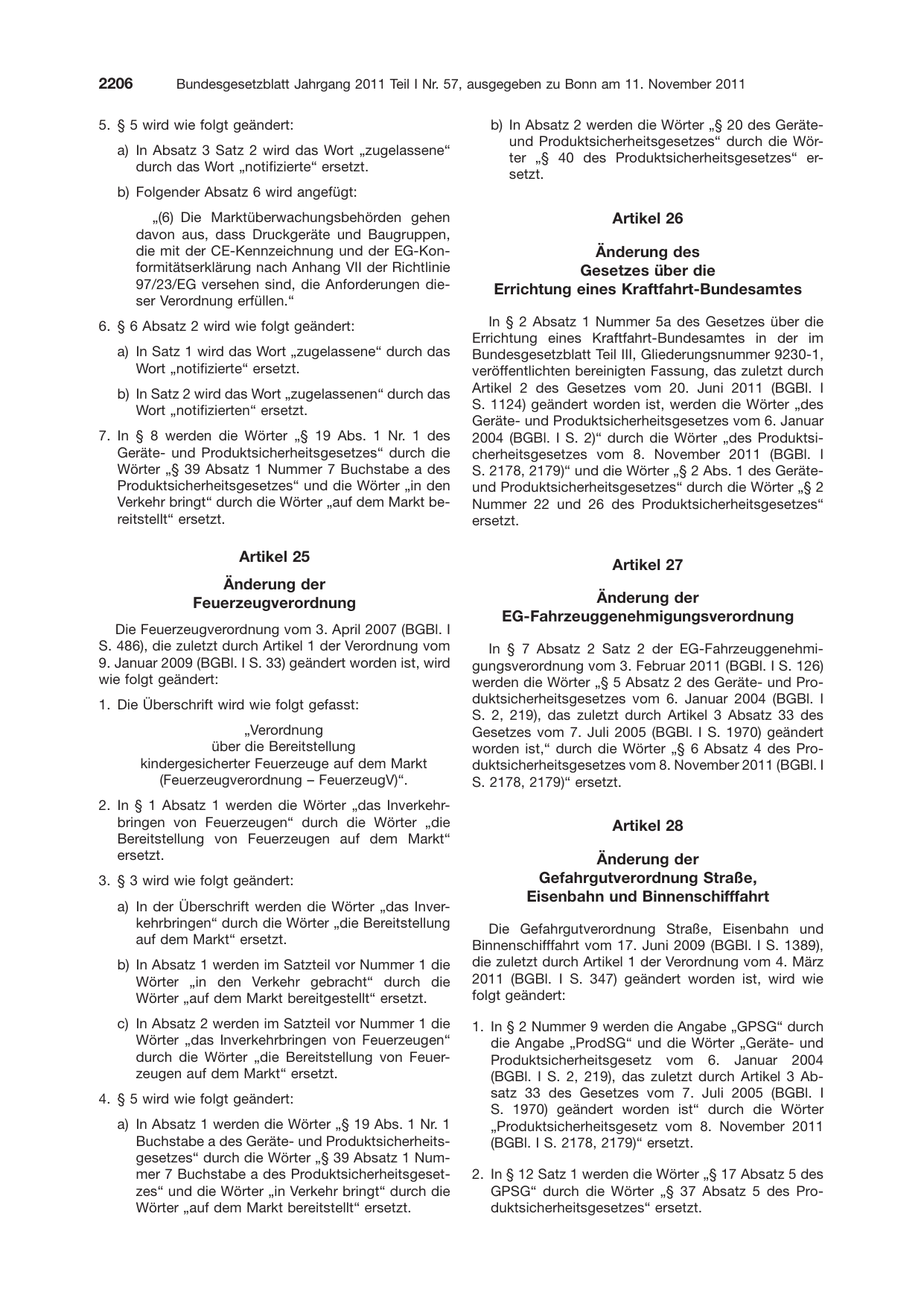BGBl. 2011, Seite 2206 — Originalseite als Abbildung