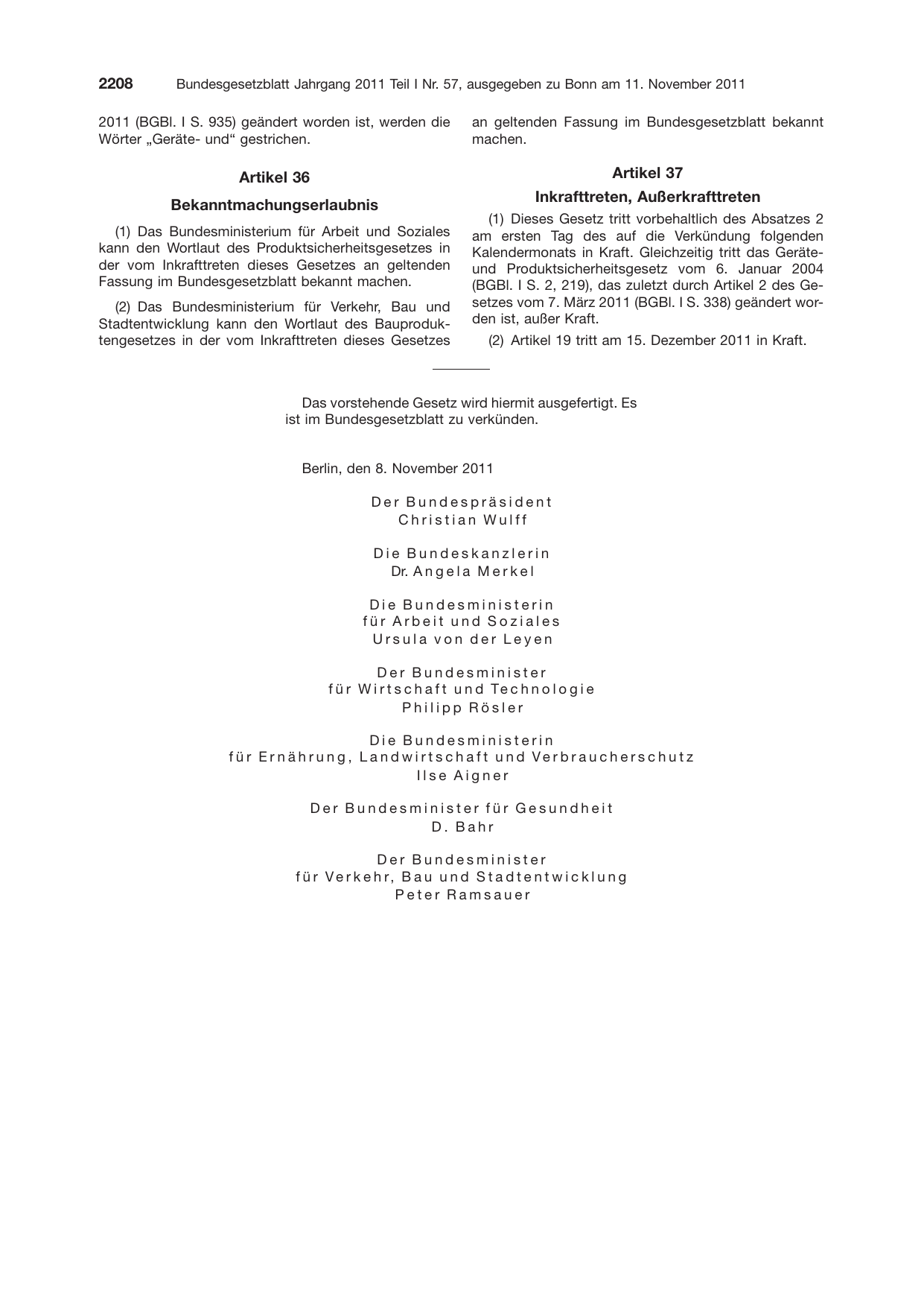BGBl. 2011, Seite 2208 — Originalseite als Abbildung