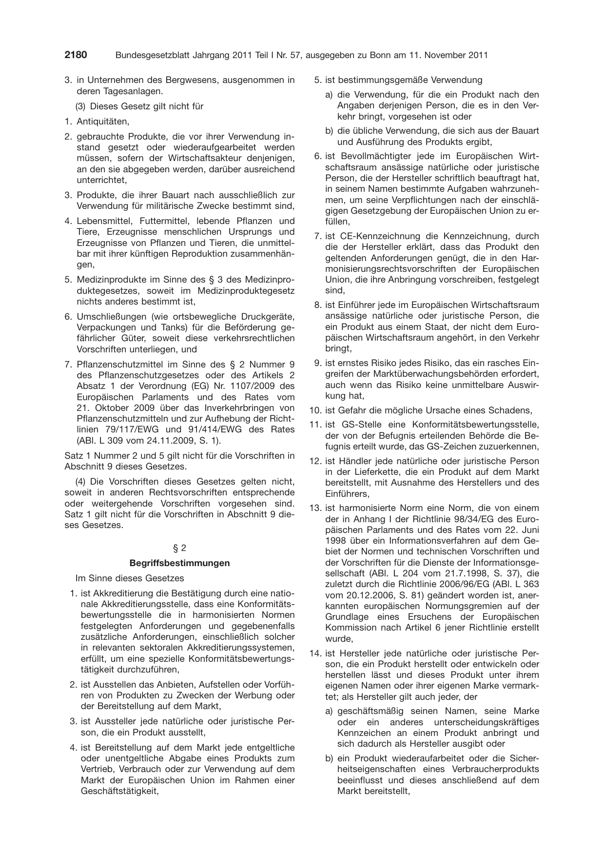 BGBl. 2011, Seite 2180 — Originalseite als Abbildung