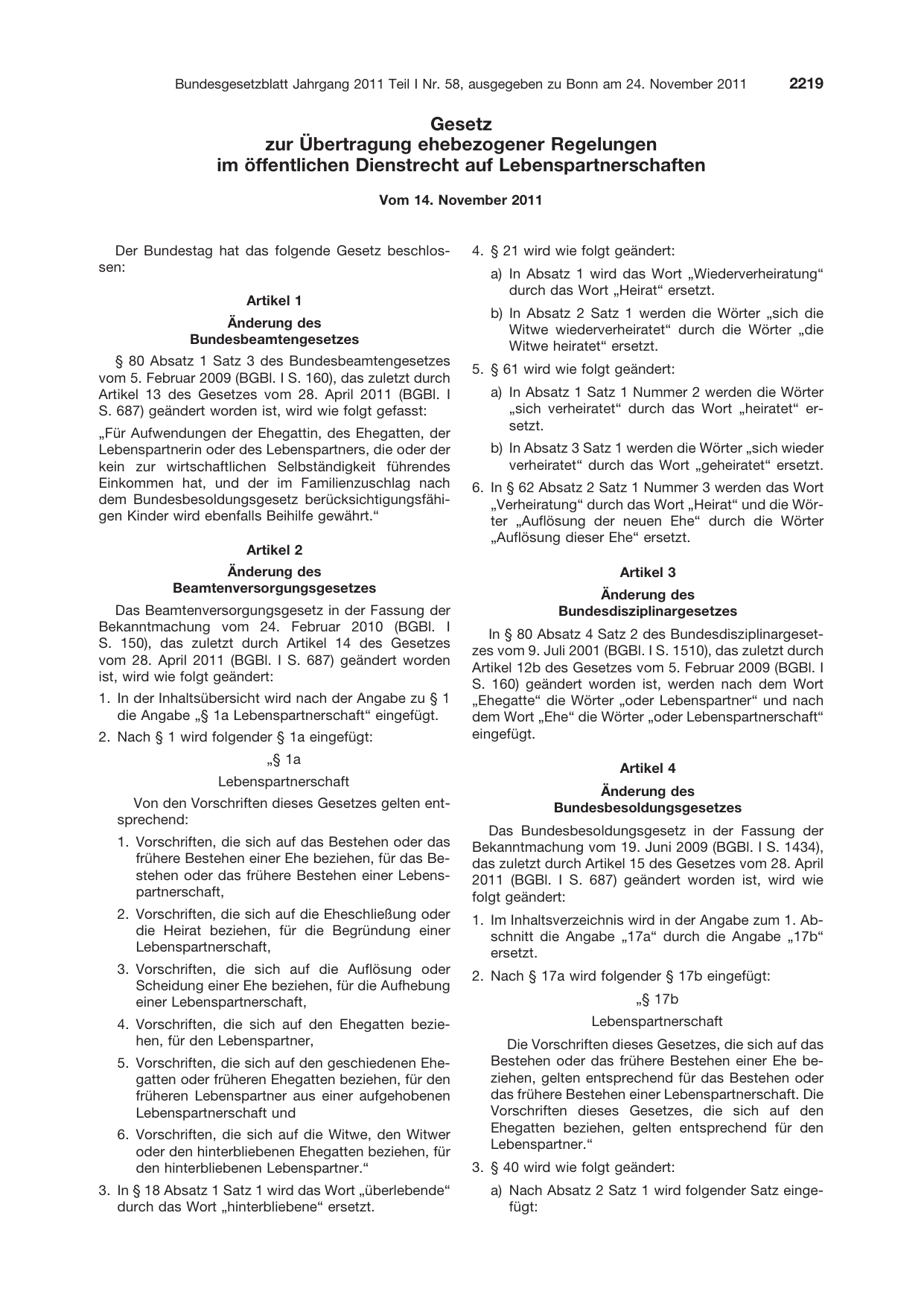 BGBl. 2011, Seite 2219 — Originalseite als Abbildung