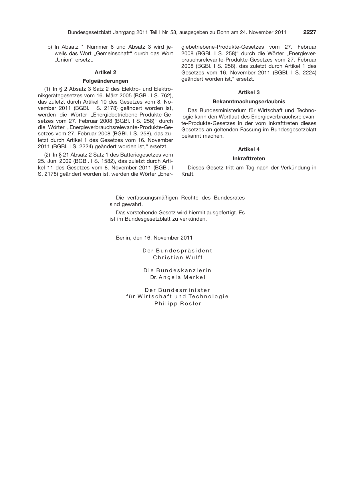 BGBl. 2011, Seite 2227 — Originalseite als Abbildung