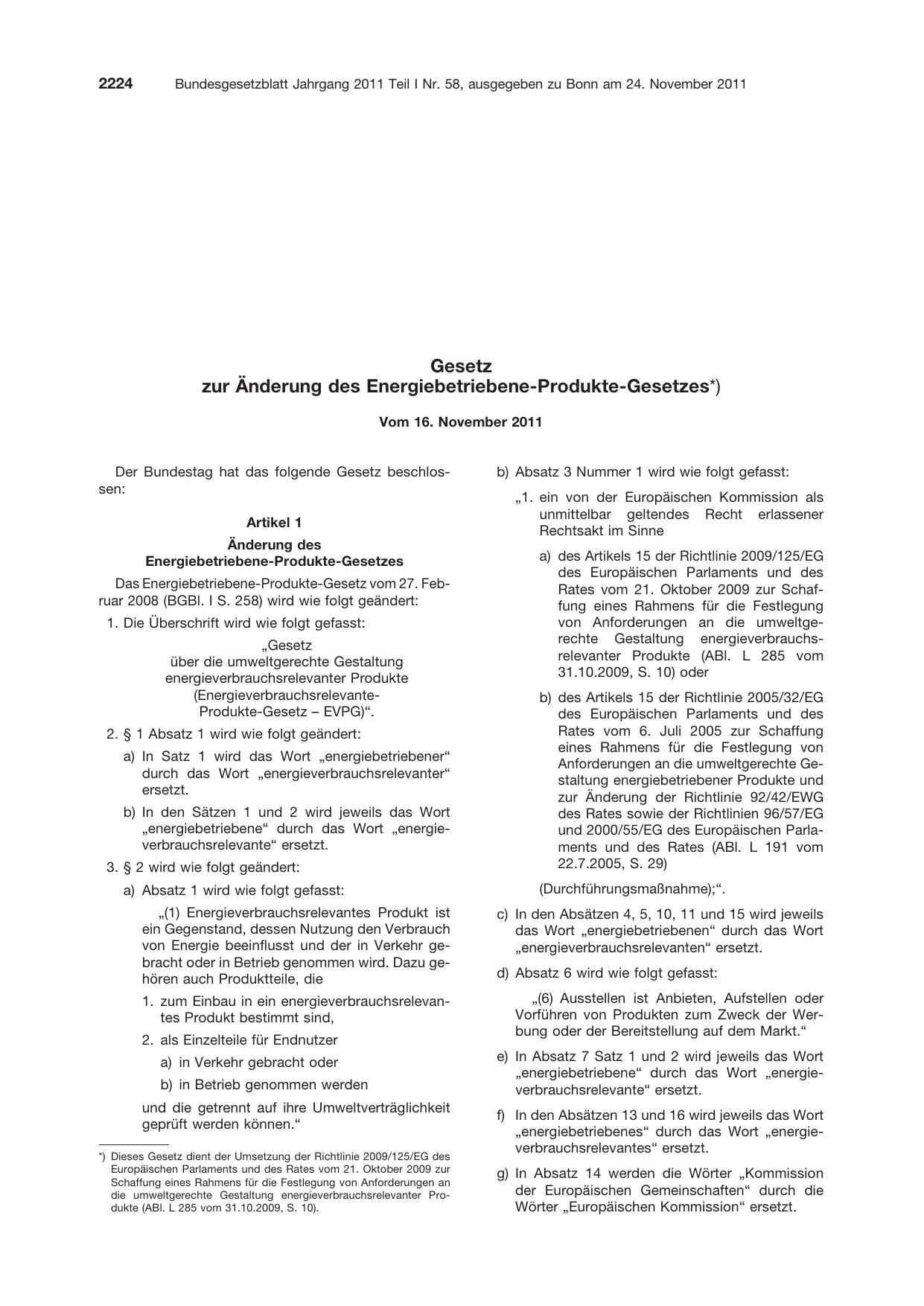 BGBl. 2011, Seite 2224 — Originalseite als Abbildung