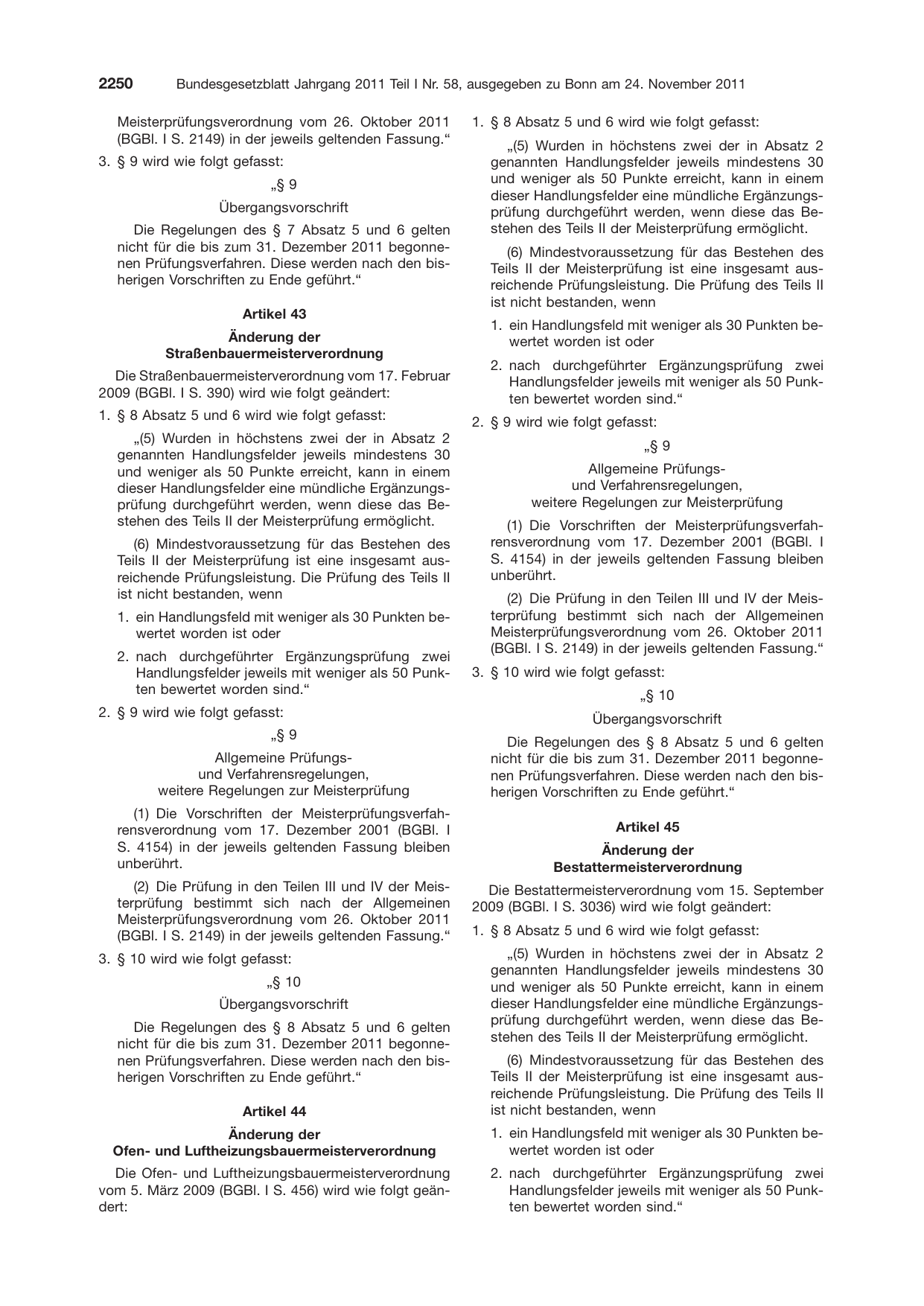 BGBl. 2011, Seite 2250 — Originalseite als Abbildung