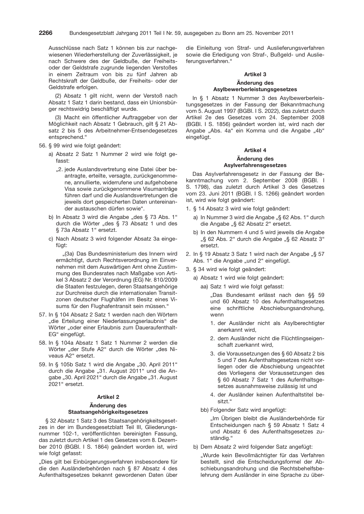 BGBl. 2011, Seite 2266 — Originalseite als Abbildung
