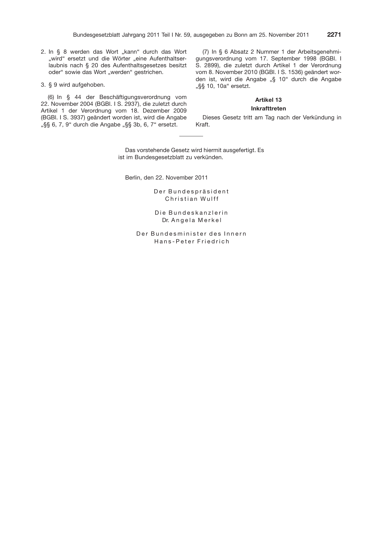 BGBl. 2011, Seite 2271 — Originalseite als Abbildung