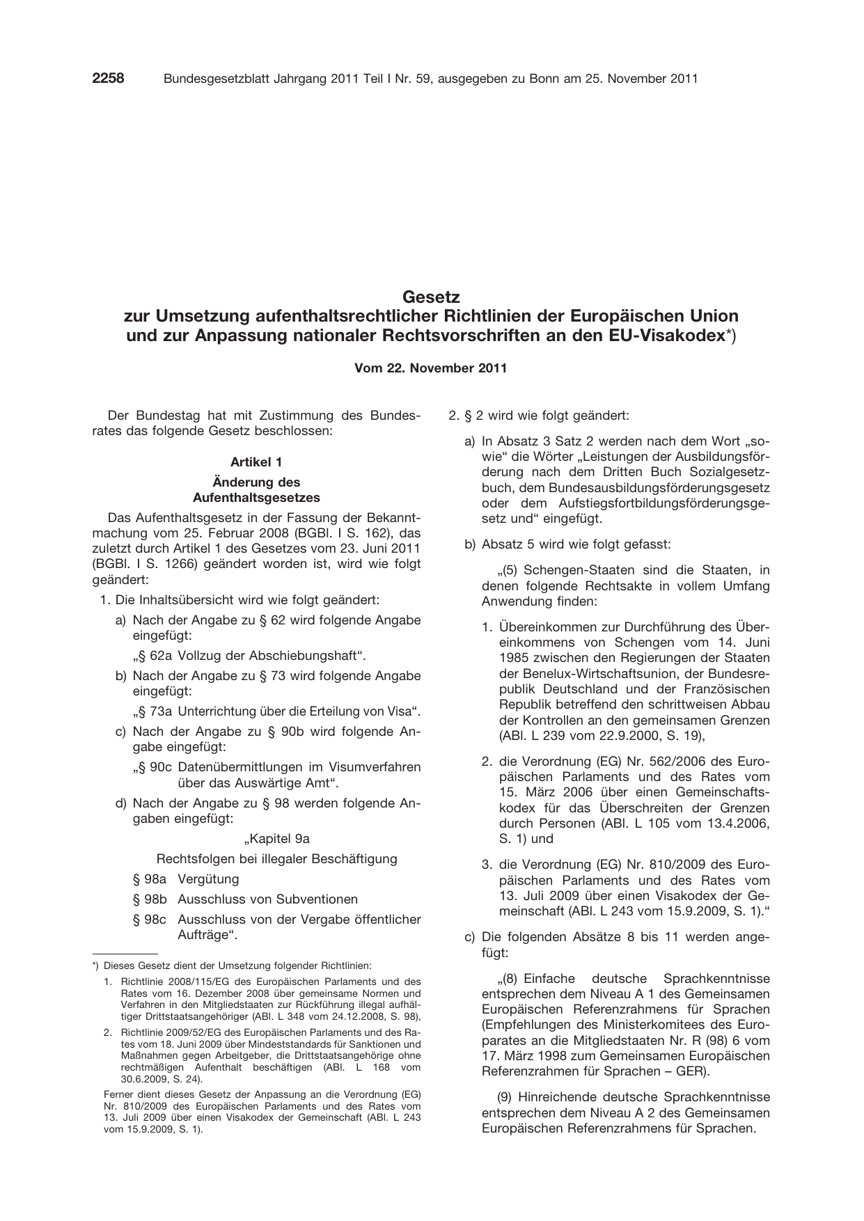 BGBl. 2011, Seite 2258 — Originalseite als Abbildung
