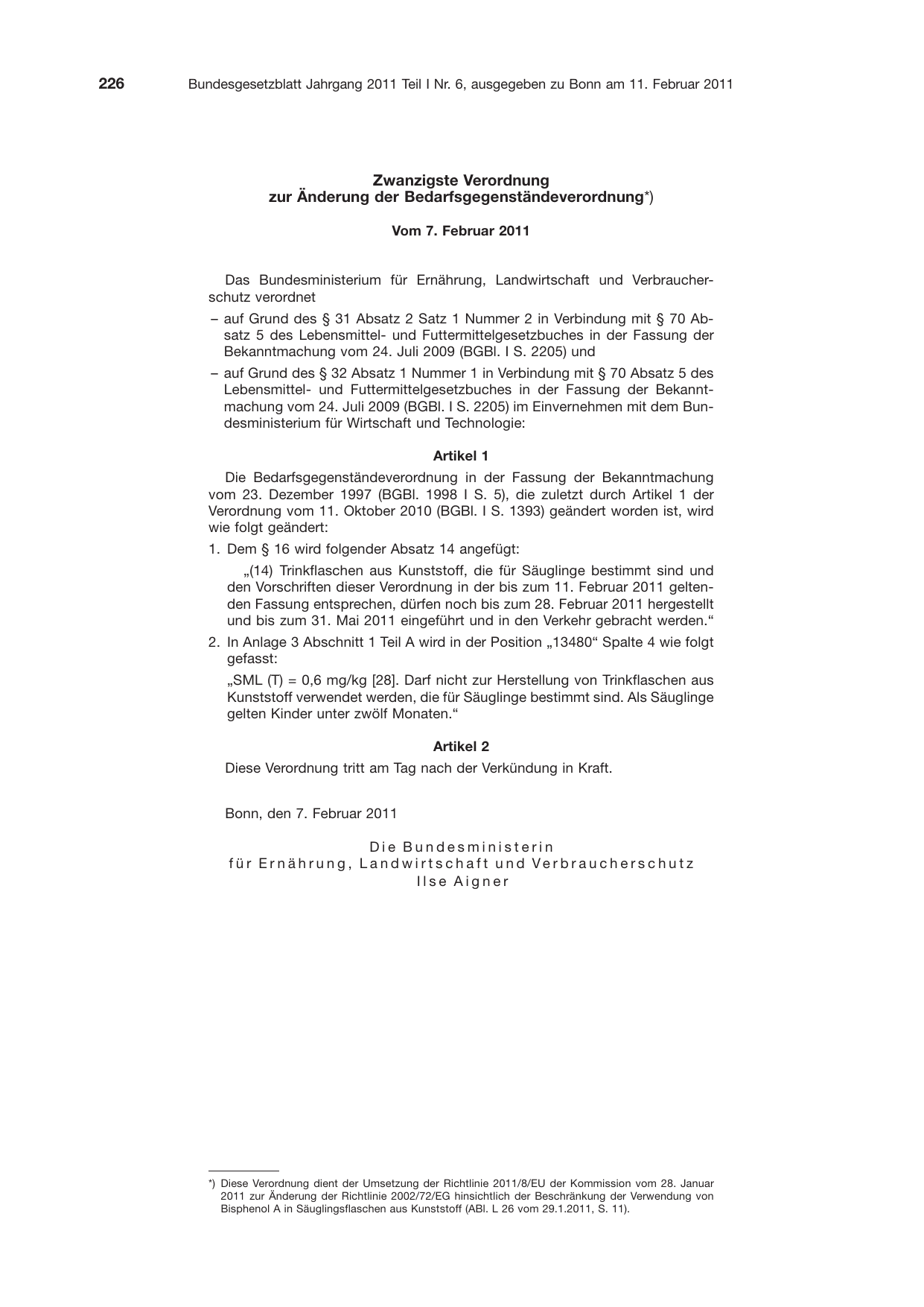 BGBl. 2011, Seite 226 — Originalseite als Abbildung