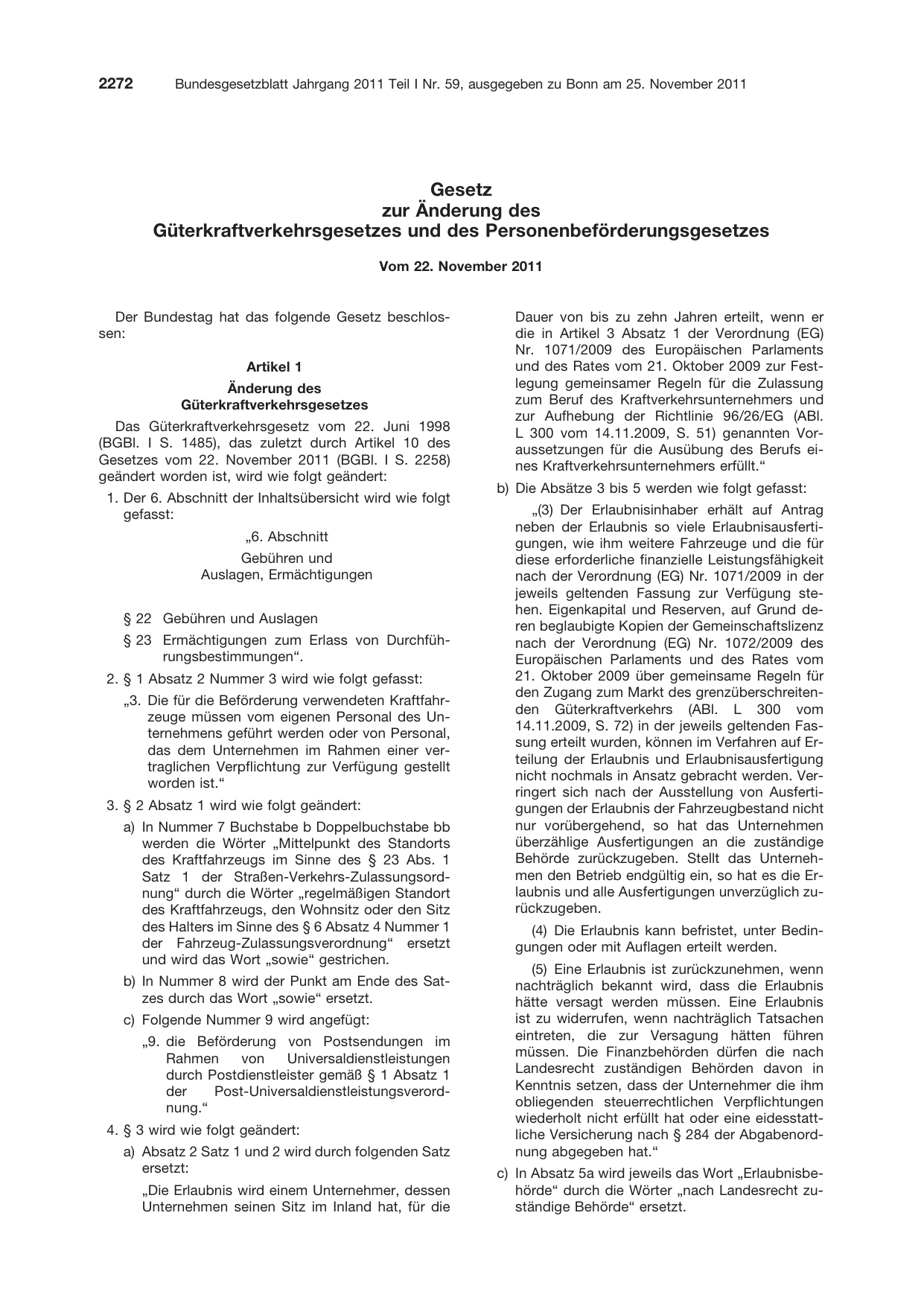 BGBl. 2011, Seite 2272 — Originalseite als Abbildung
