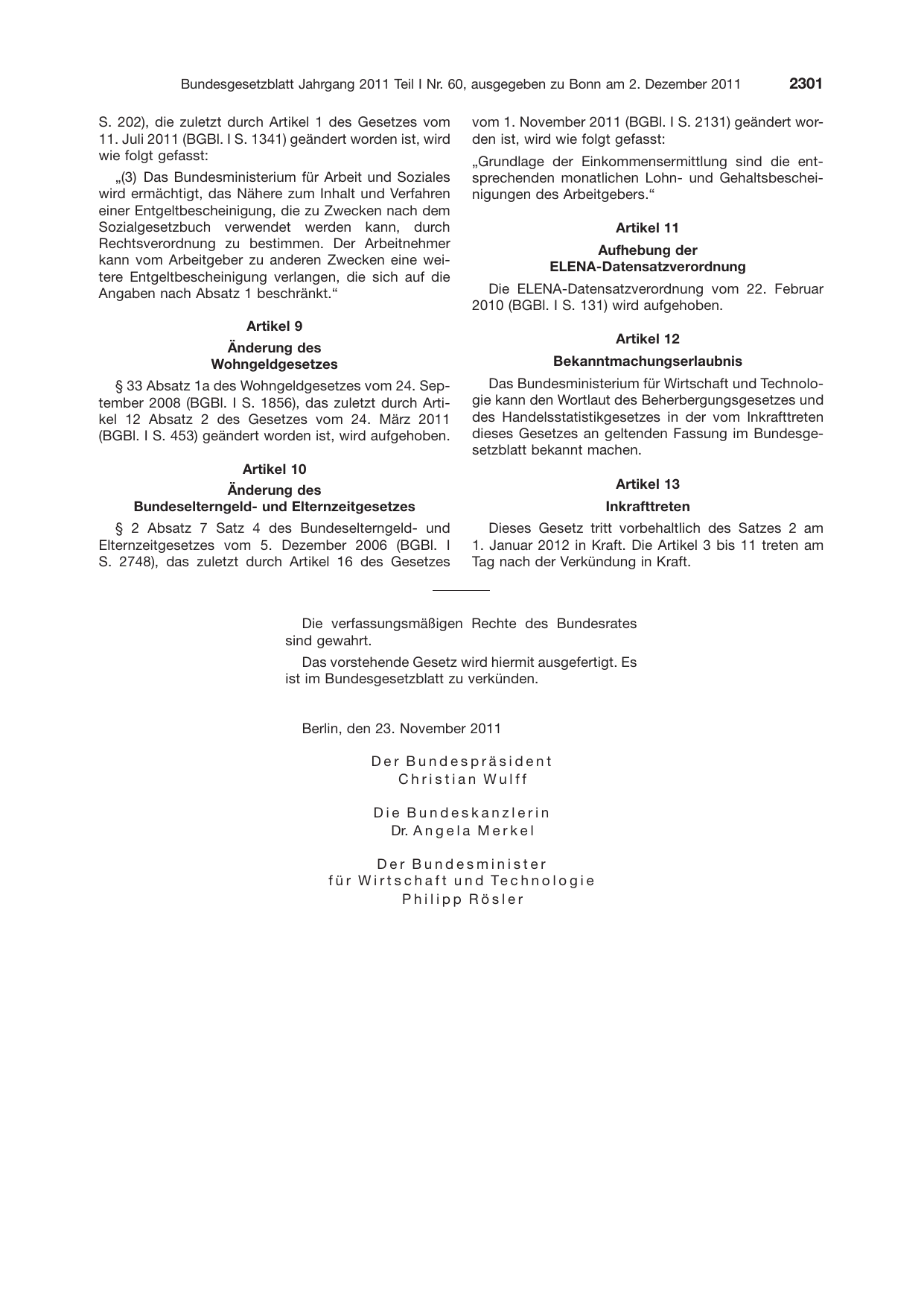 BGBl. 2011, Seite 2301 — Originalseite als Abbildung