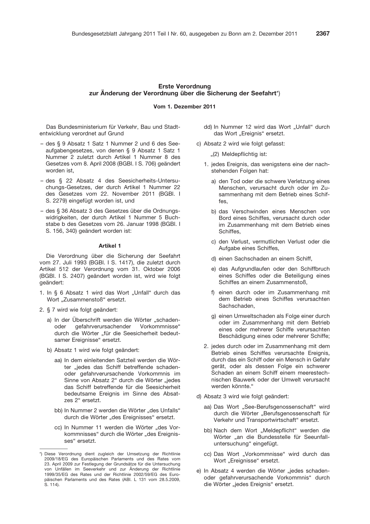 BGBl. 2011, Seite 2367 — Originalseite als Abbildung