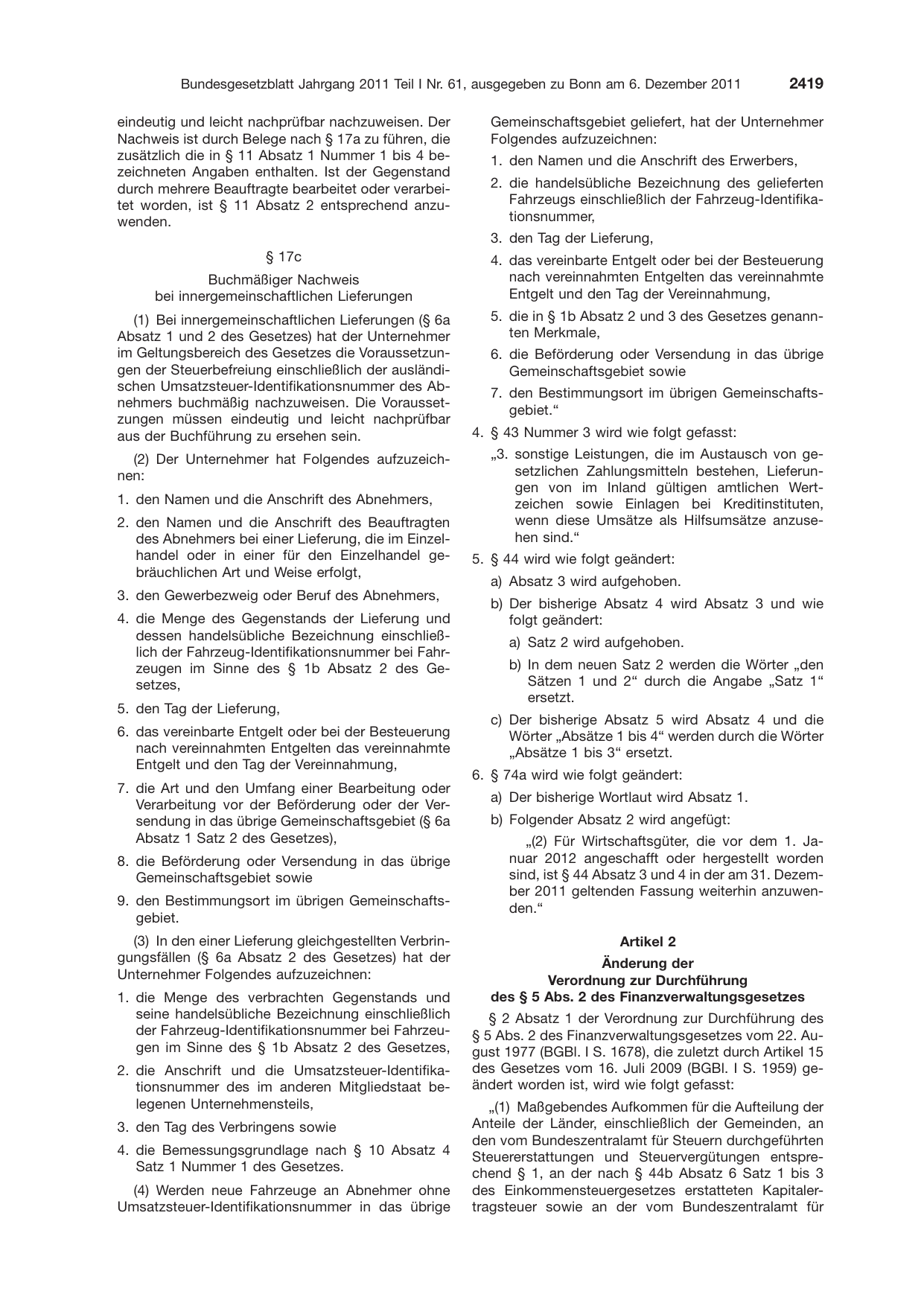BGBl. 2011, Seite 2419 — Originalseite als Abbildung