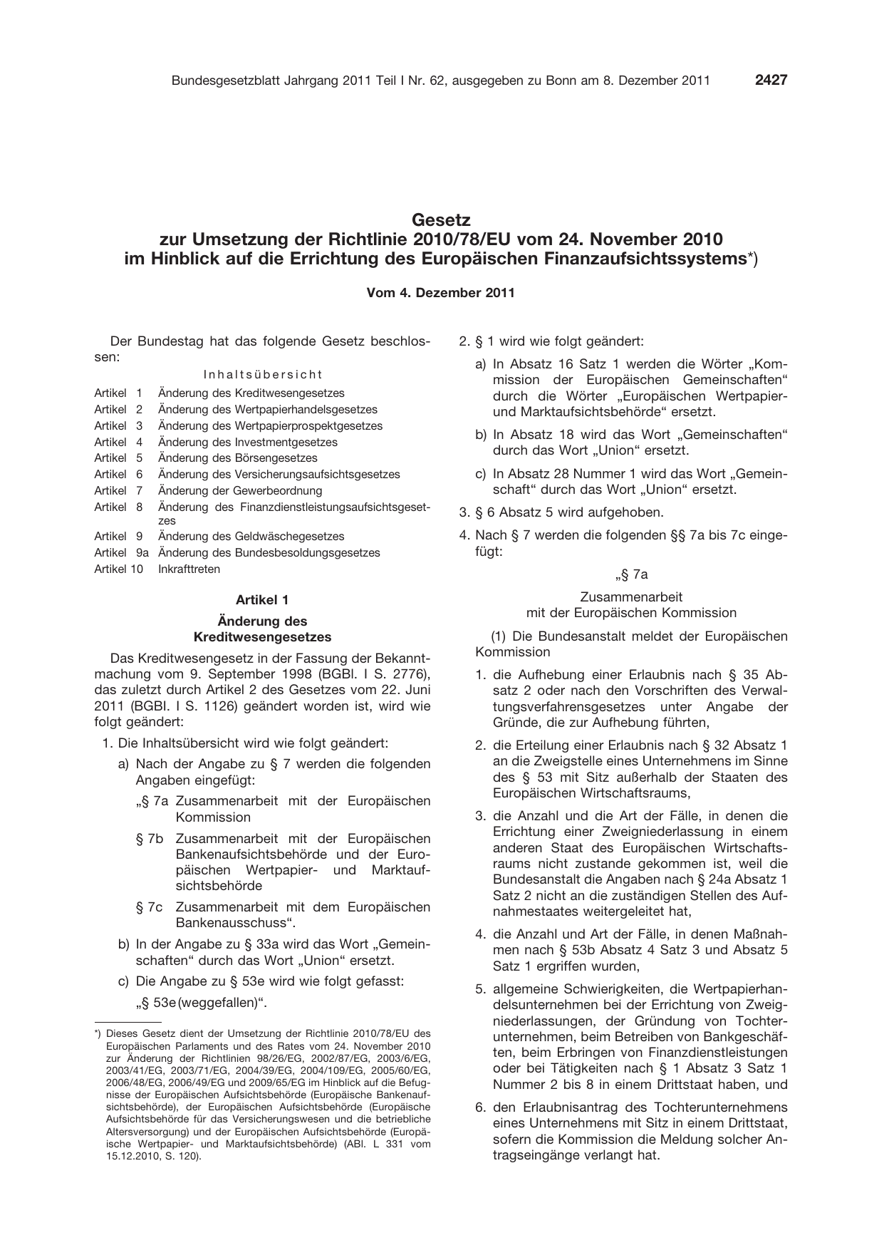 BGBl. 2011, Seite 2427 — Originalseite als Abbildung