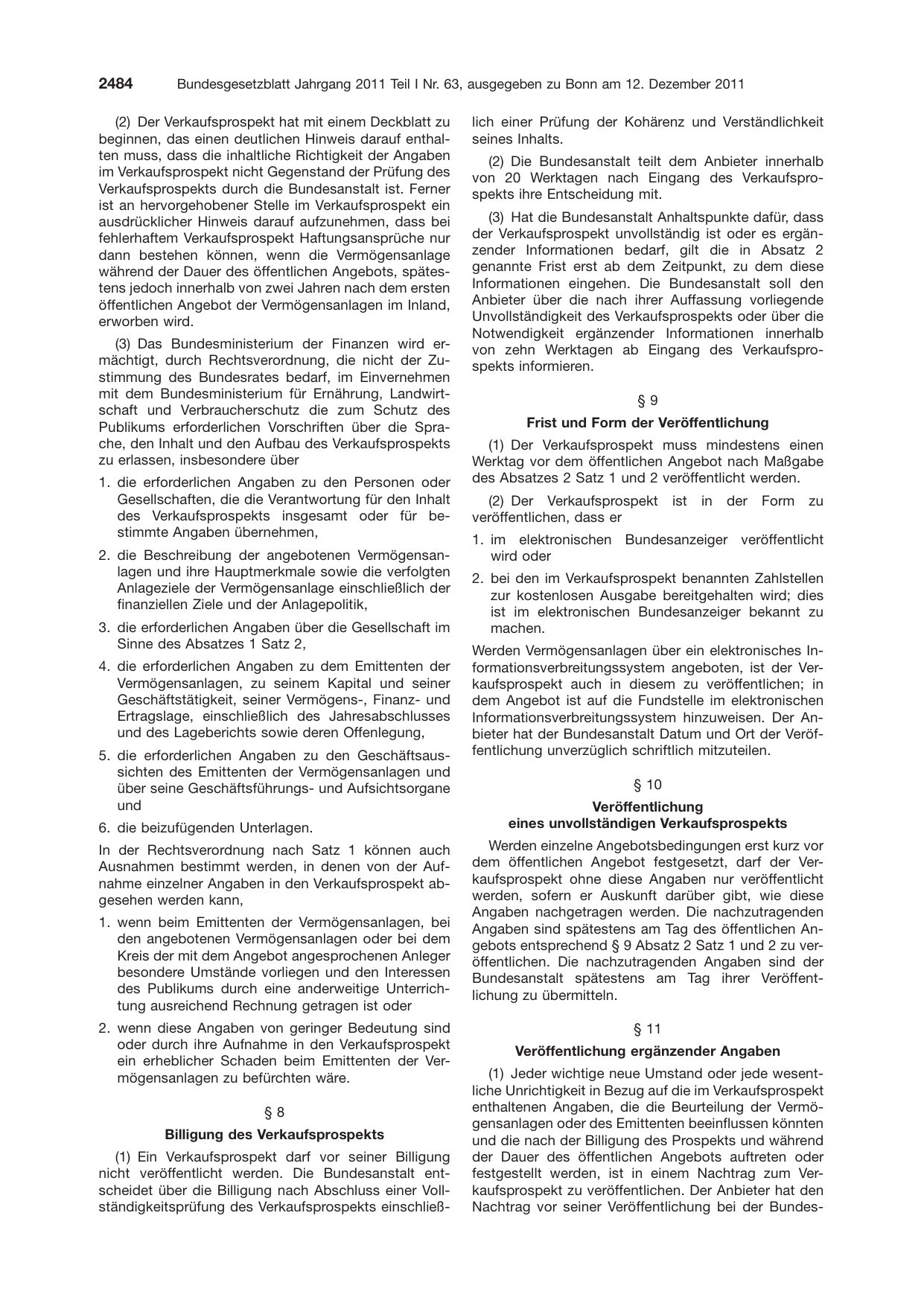 BGBl. 2011, Seite 2484 — Originalseite als Abbildung